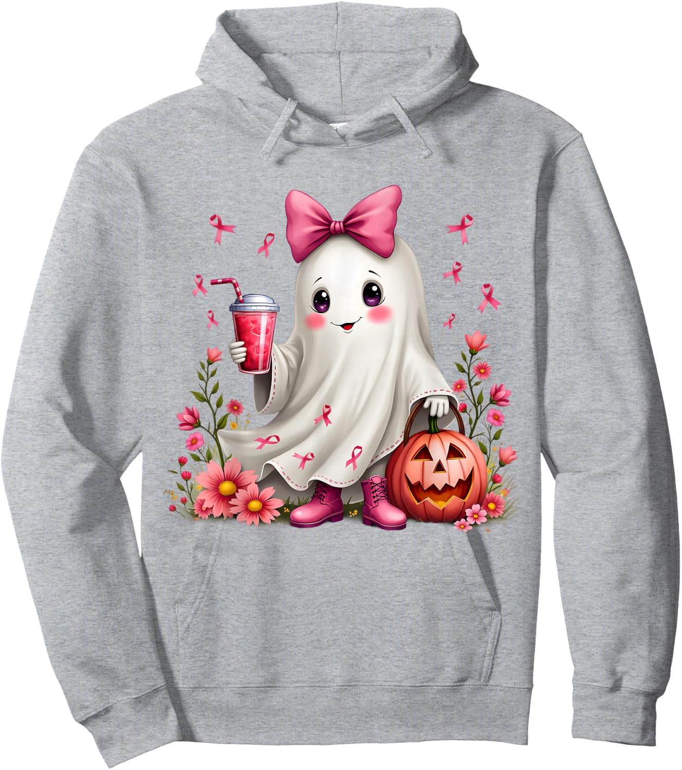 In October We Wear Pink Ghost Breast Cancer Awareness Hoodie - Hoodie | Ash