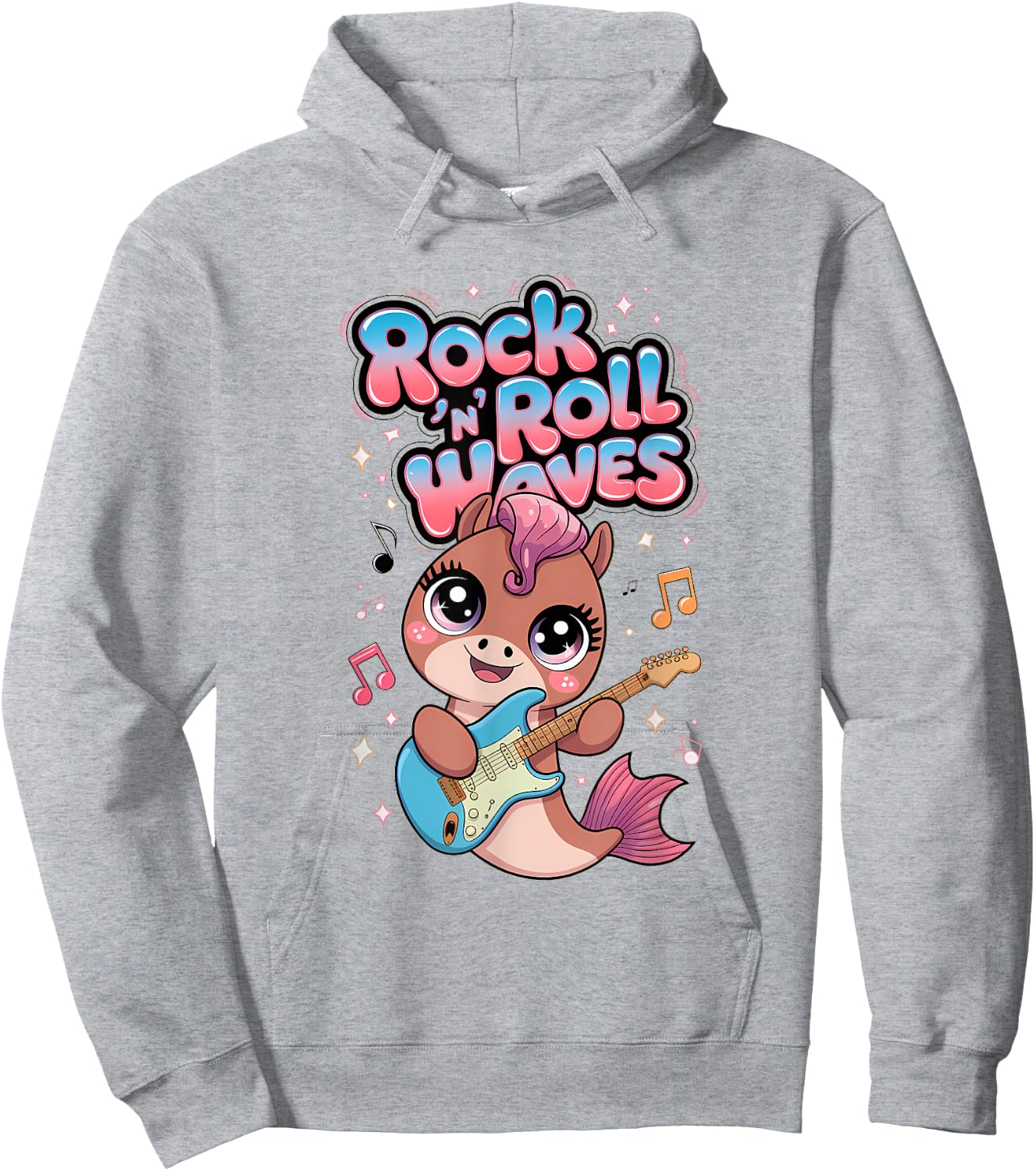 Kawaii Rock 'n Roll Waves Musical Sea Horse Design Hoodie - Hoodie | Ash