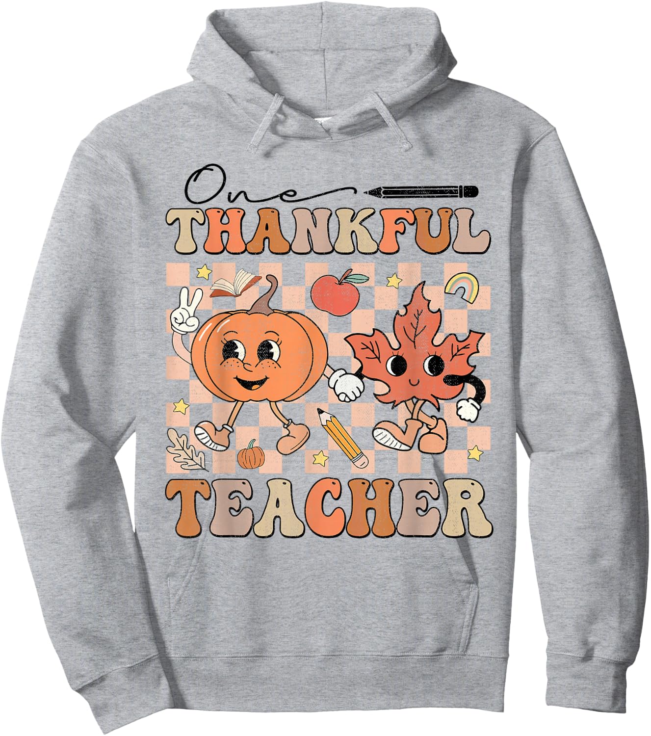 One Thankful Teacher Thanksgiving Groovy Fall Autumn Teacher Hoodie - Hoodie | Ash