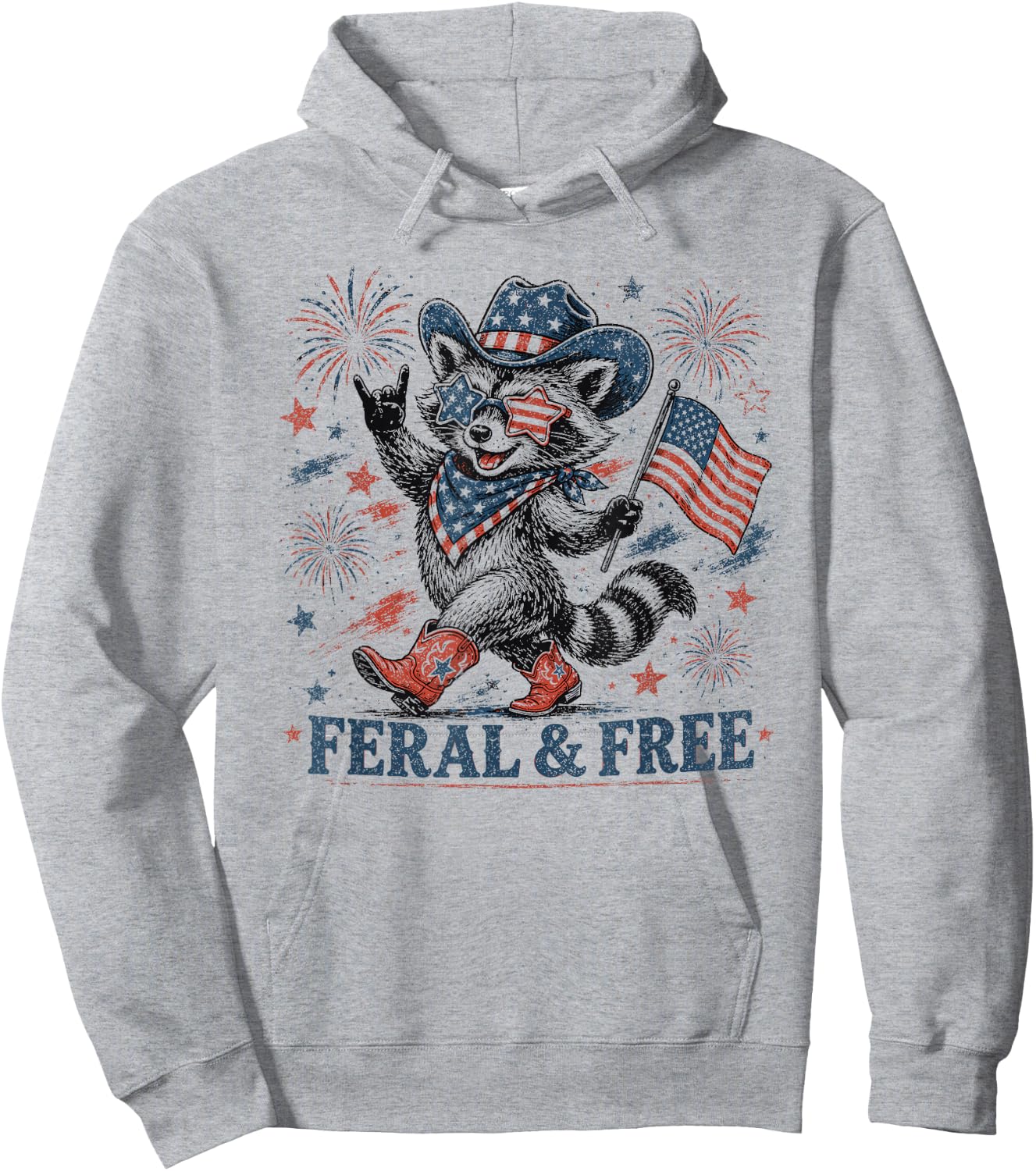 4th of July Feral and Free Patriotic Raccoon Cowboy Hoodie - Hoodie | Ash