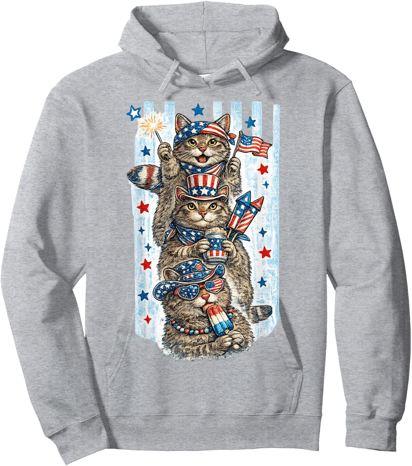 Funny USA Party Cats Vintage Patriotic Animal Fireworks Hoodie - Hoodie | Ash