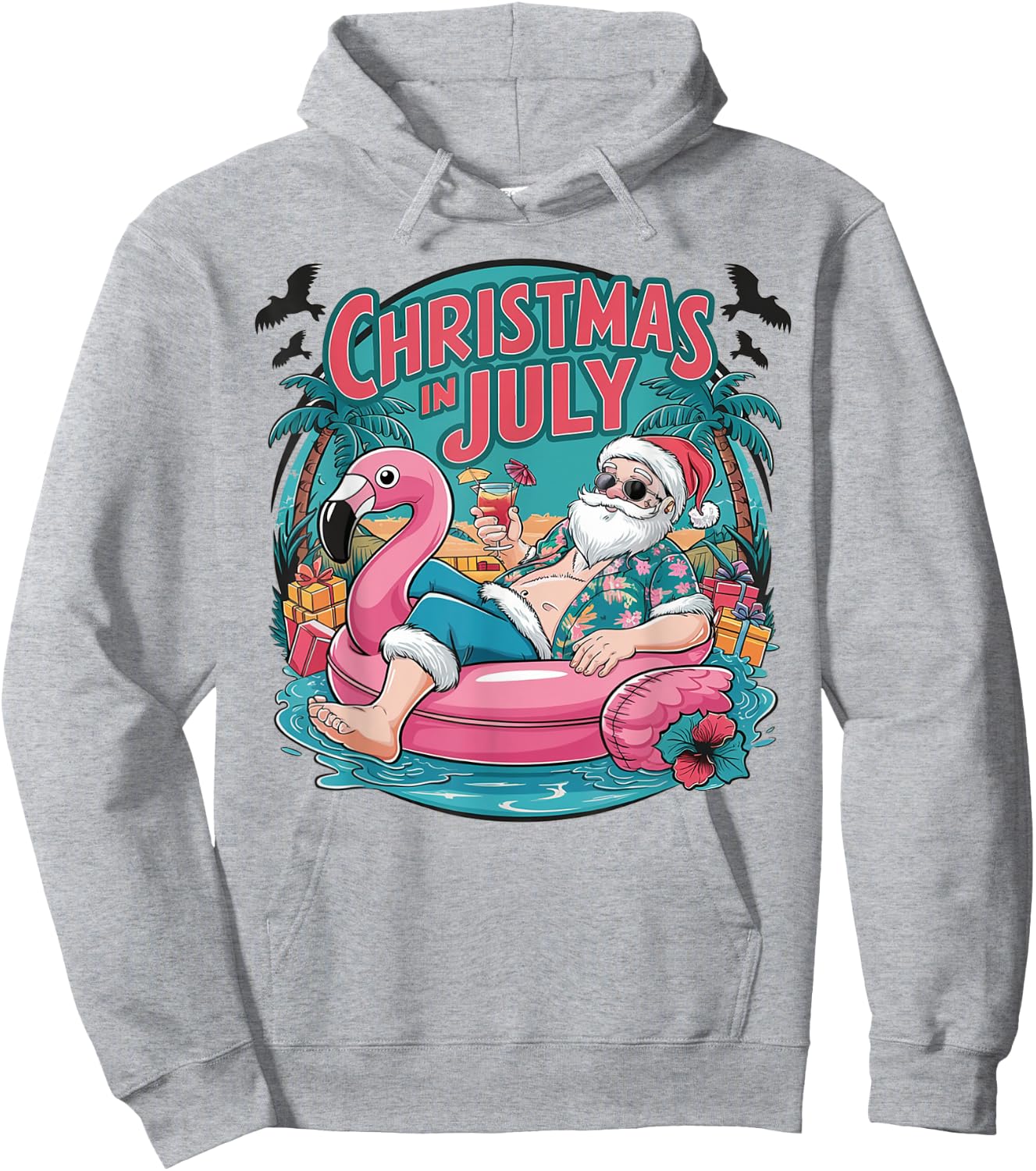 Funny Santa Flamingo Christmas In July Summer Xmas Women Kid Hoodie - Hoodie | Ash