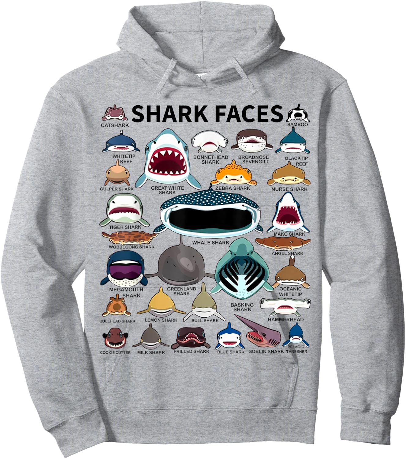 Shark Faces - Type of Shark - Shark Faces of All Kinds Hoodie - Hoodie | Ash
