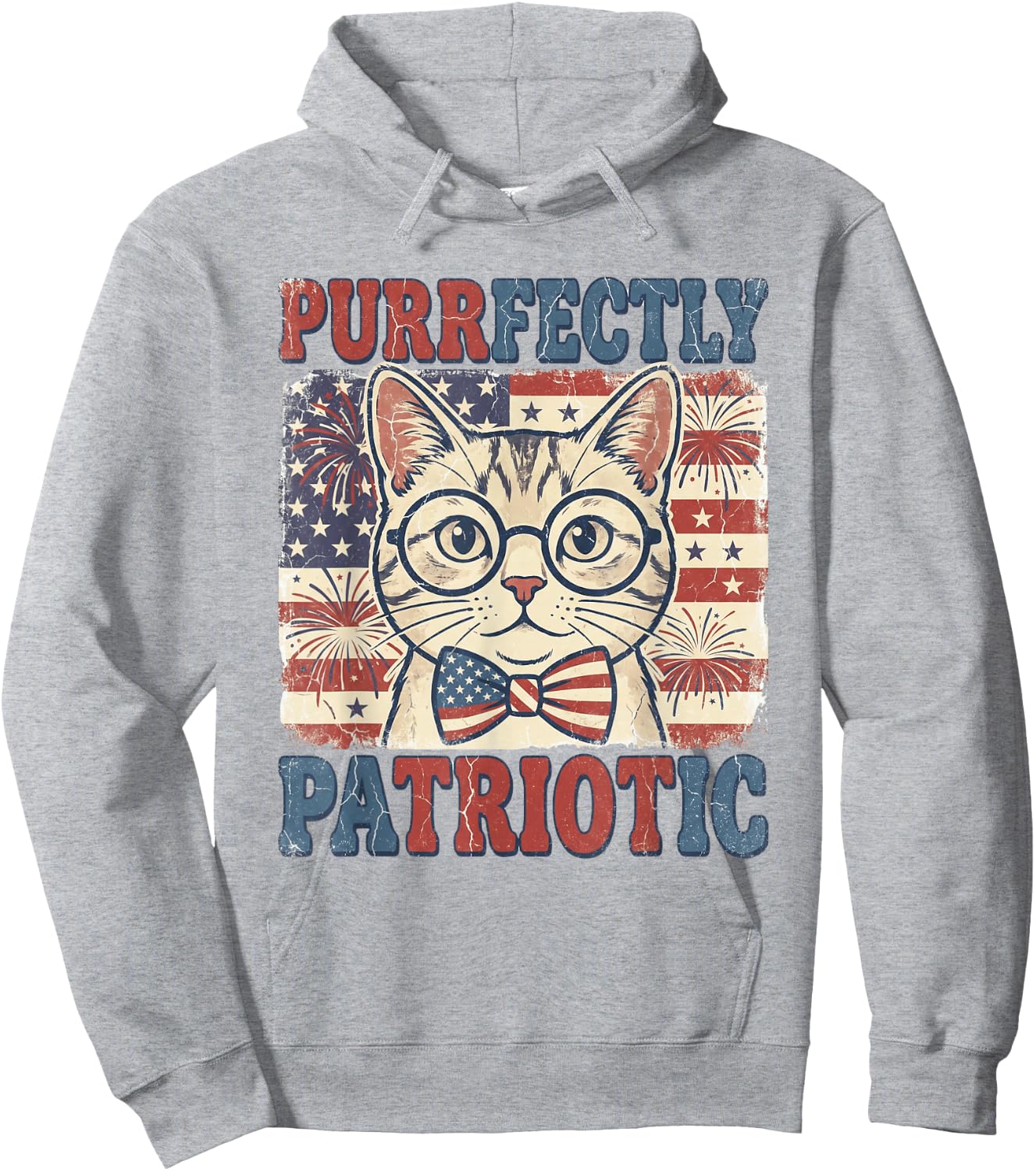 Purrfectly Patriotic Cat Vintage 4th of July Graphic Hoodie - Hoodie | Ash