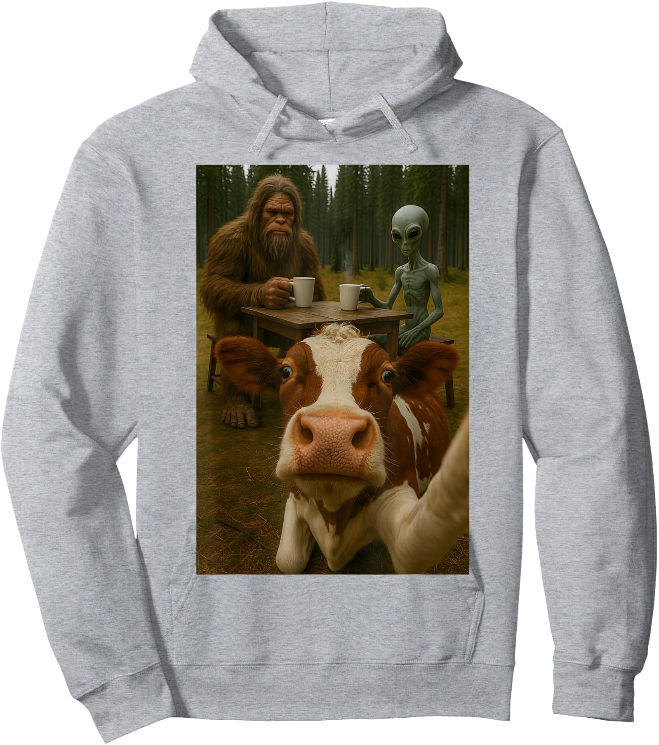 Cow Selfie With Bigfoot Alien Hoodie - Hoodie | Ash