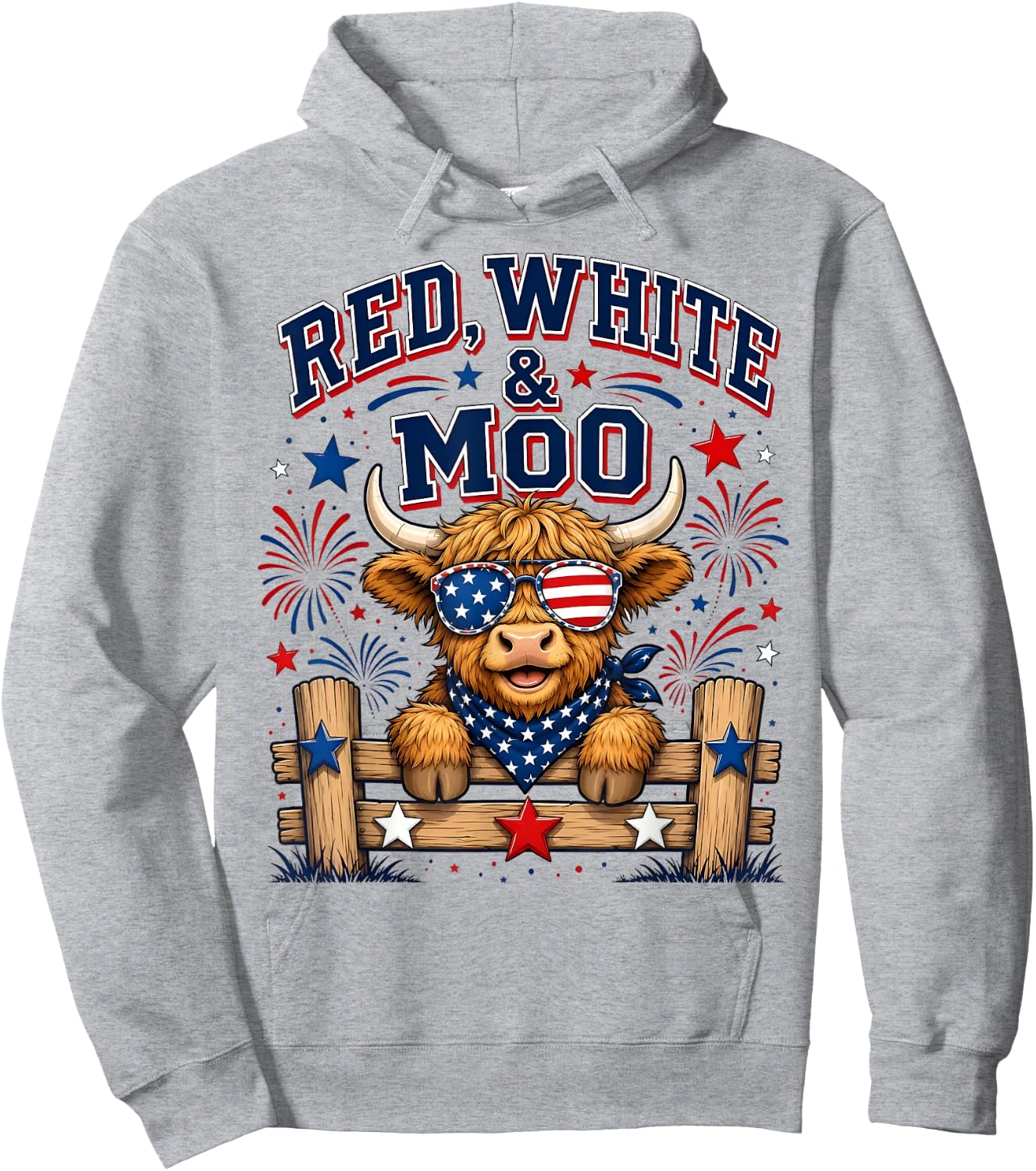 Cute Red White and Moo Funny Patriotic 4th of July USA Flag Hoodie - Hoodie | Ash
