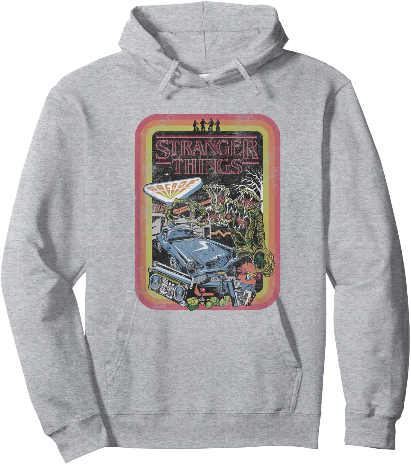 Stranger Things Retro Stripe The Party vs Hawkins Collage Hoodie - Hoodie | Ash