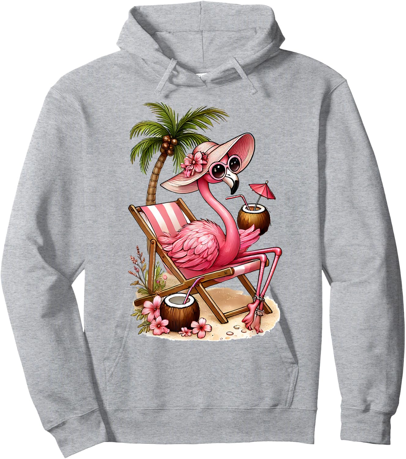 Women's Girls Pink Flamingo Beach Palm Tree Cute Flamingo Hoodie - Hoodie | Ash