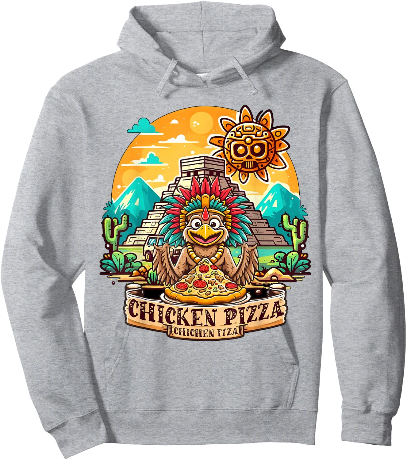 Chichen Itza Chicken Pizza Fun: Quirky Mexico Design Hoodie - Hoodie | Ash