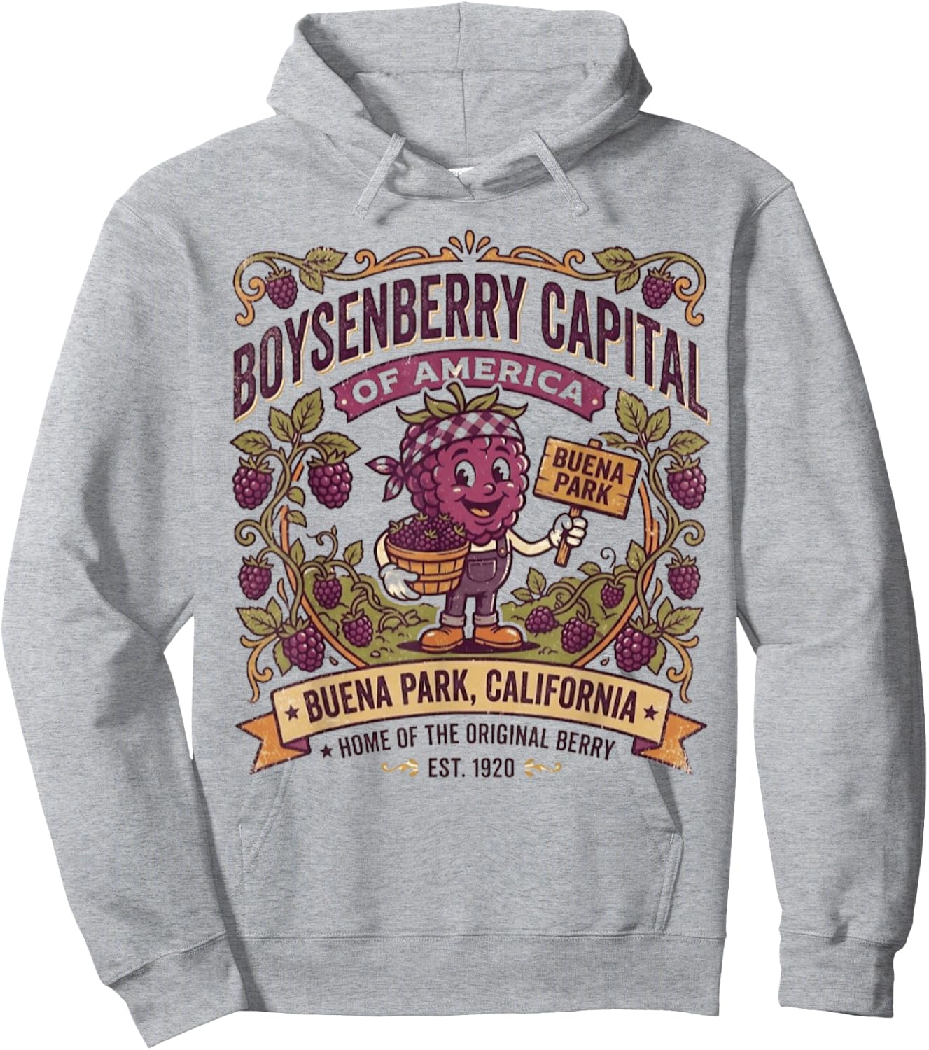 Buena Park, CA - Boysenberry Capital - Vintage Mascot Logo Hoodie - Hoodie | Ash
