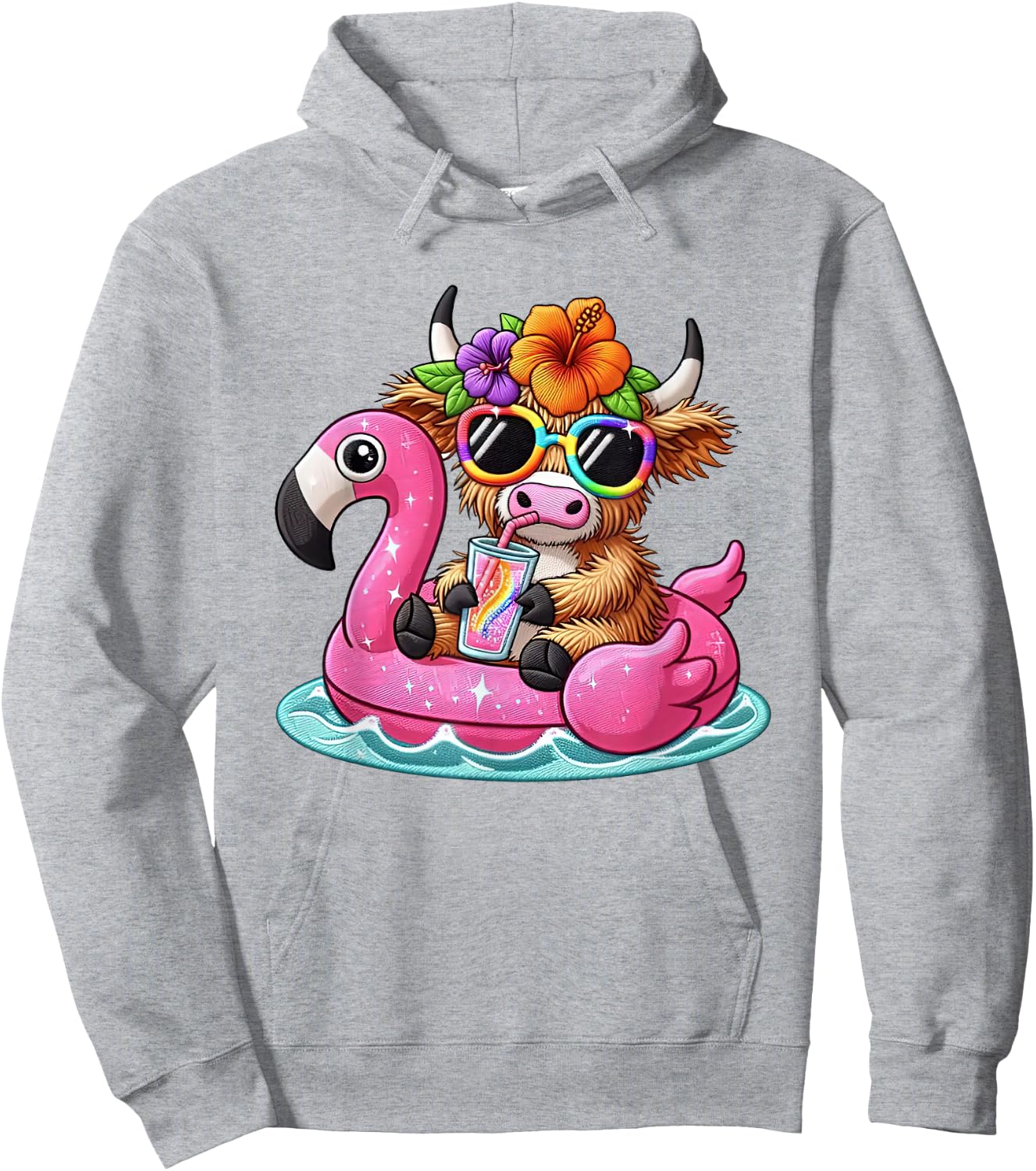 Beach Vibes Sweet Summer Cute Highland Cow Flamingo Float Women Girls Kids Hoodie - Hoodie | Ash
