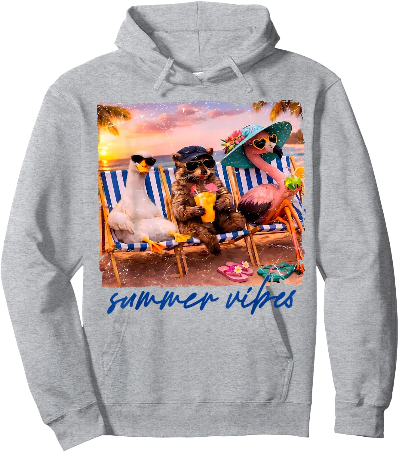 Goose Raccoon Flamingo Summer Vibes Tropical Beach Sunset Hoodie - Hoodie | Ash