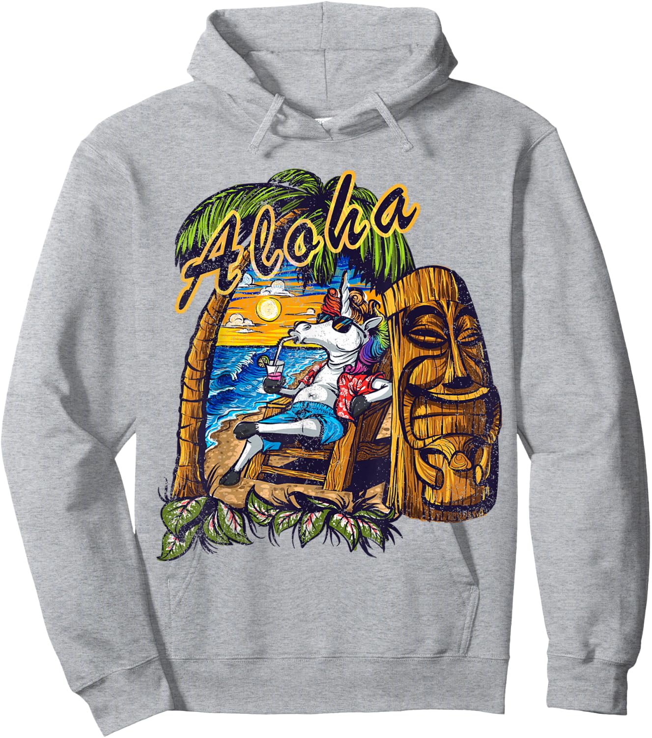 Aloha Hawaii Hawaiian Unicorn Tiki Surf Distressed Hoodie - Hoodie | Ash