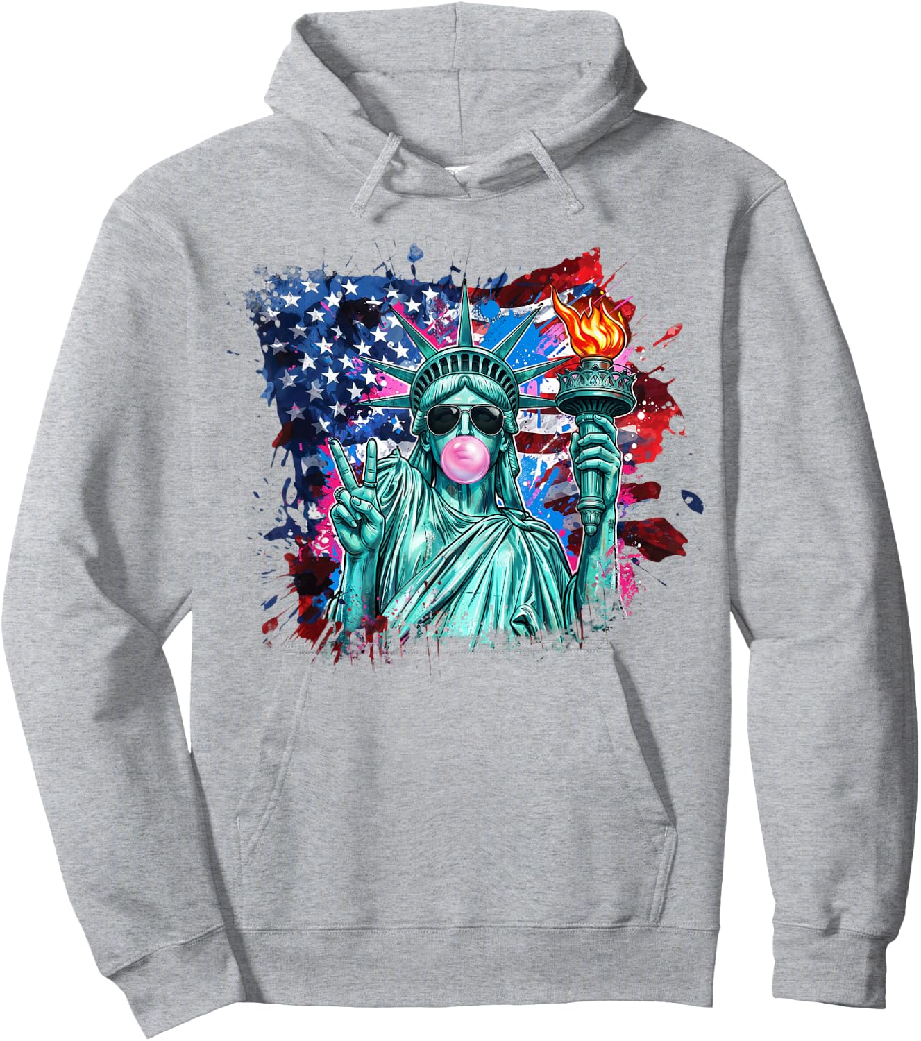 Brushstroke Statue of Liberty Blowing Bubble Gum 4th of July Hoodie - Hoodie | Ash