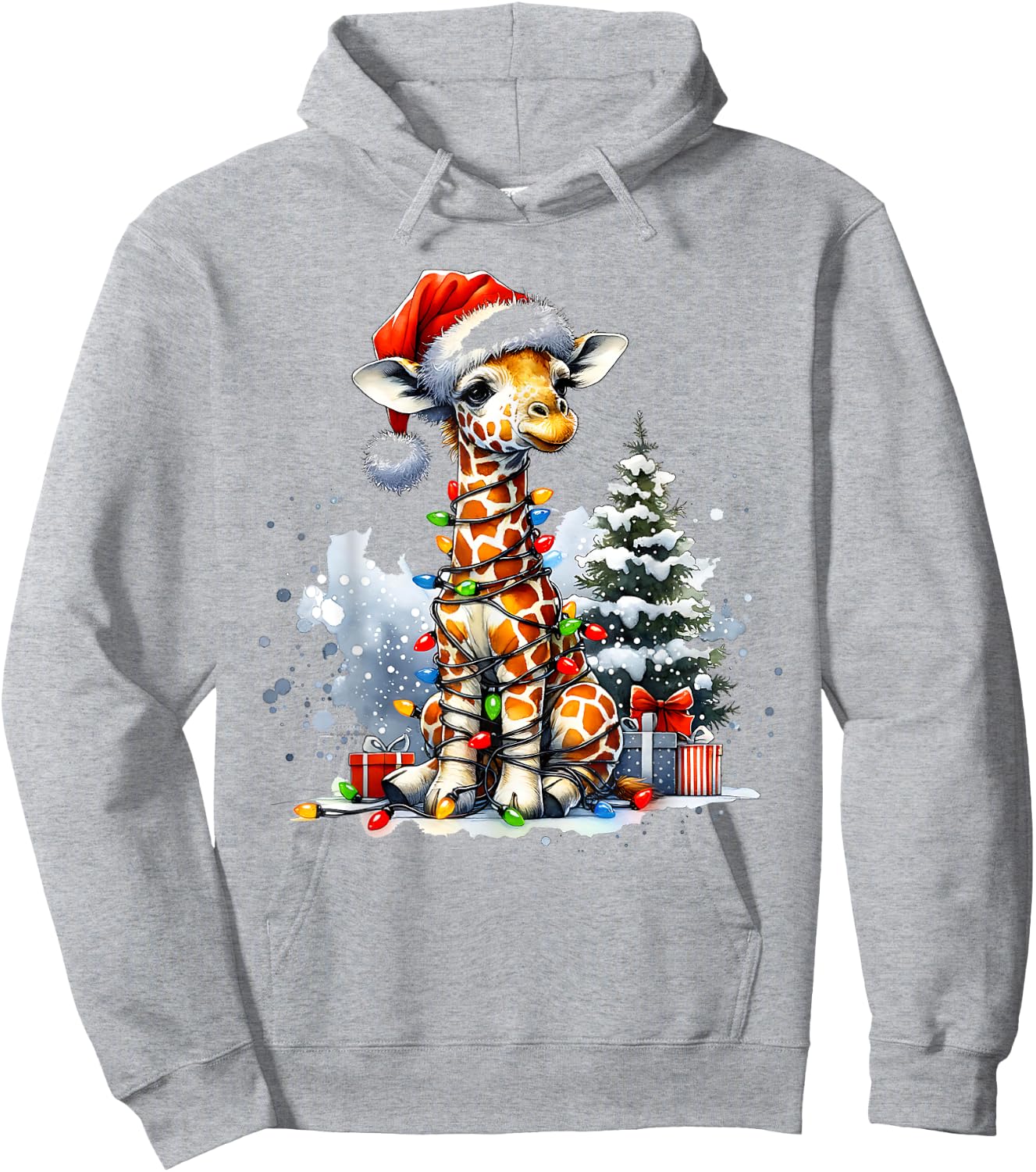 Cute Festive Giraffe Santa Hat Christmas Lights Snow Winter Hoodie - Hoodie | Ash