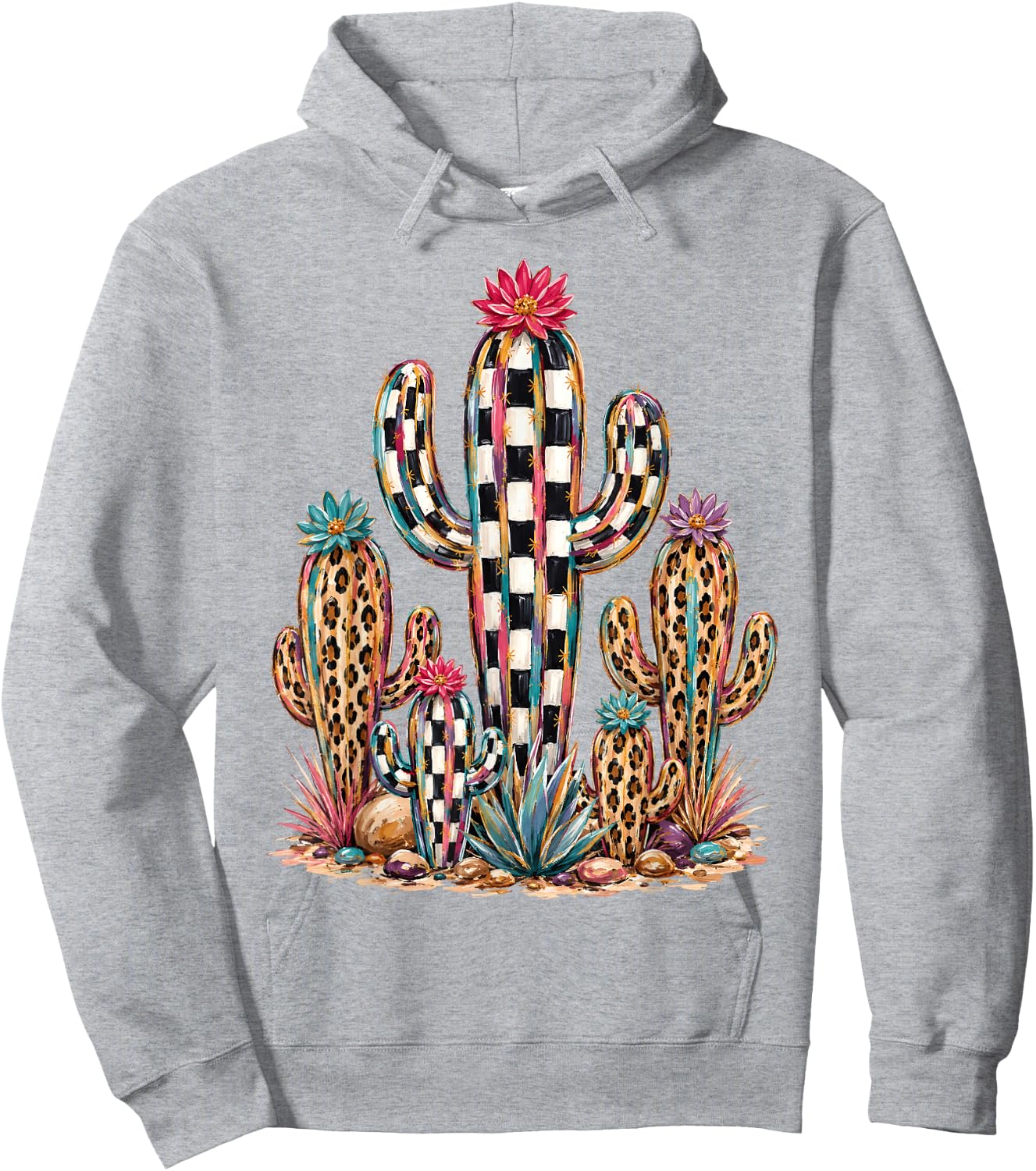 Leopard Checkerboard Cactus Western Desert Graphic Hoodie - Hoodie | Ash