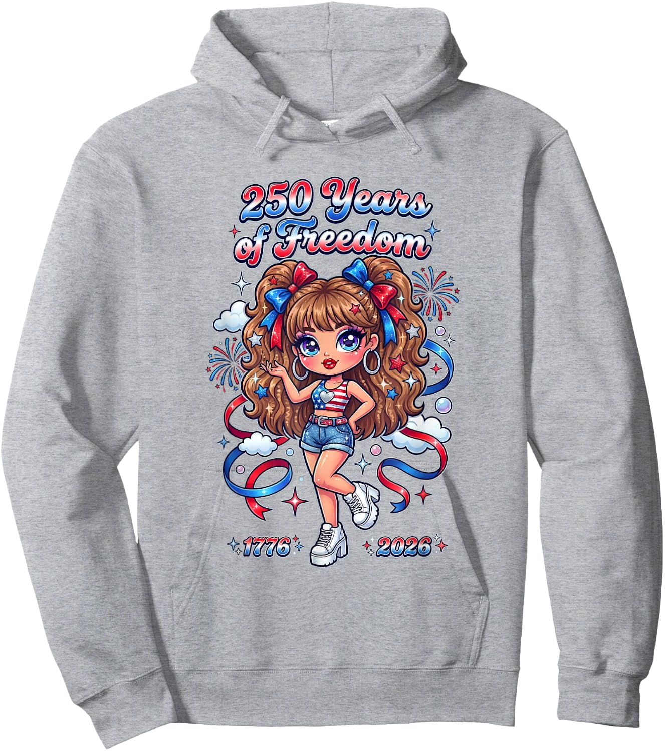 Y2K Red White Blue Bow Girl Celebration Artwork Hoodie - Hoodie | Ash