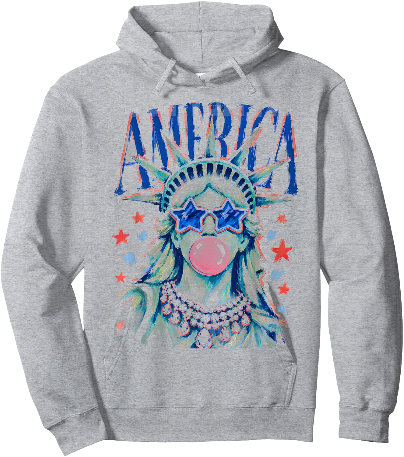 Brushstroke Statue of Liberty Blowing Bubble Gum 4th of July Hoodie - Hoodie | Ash