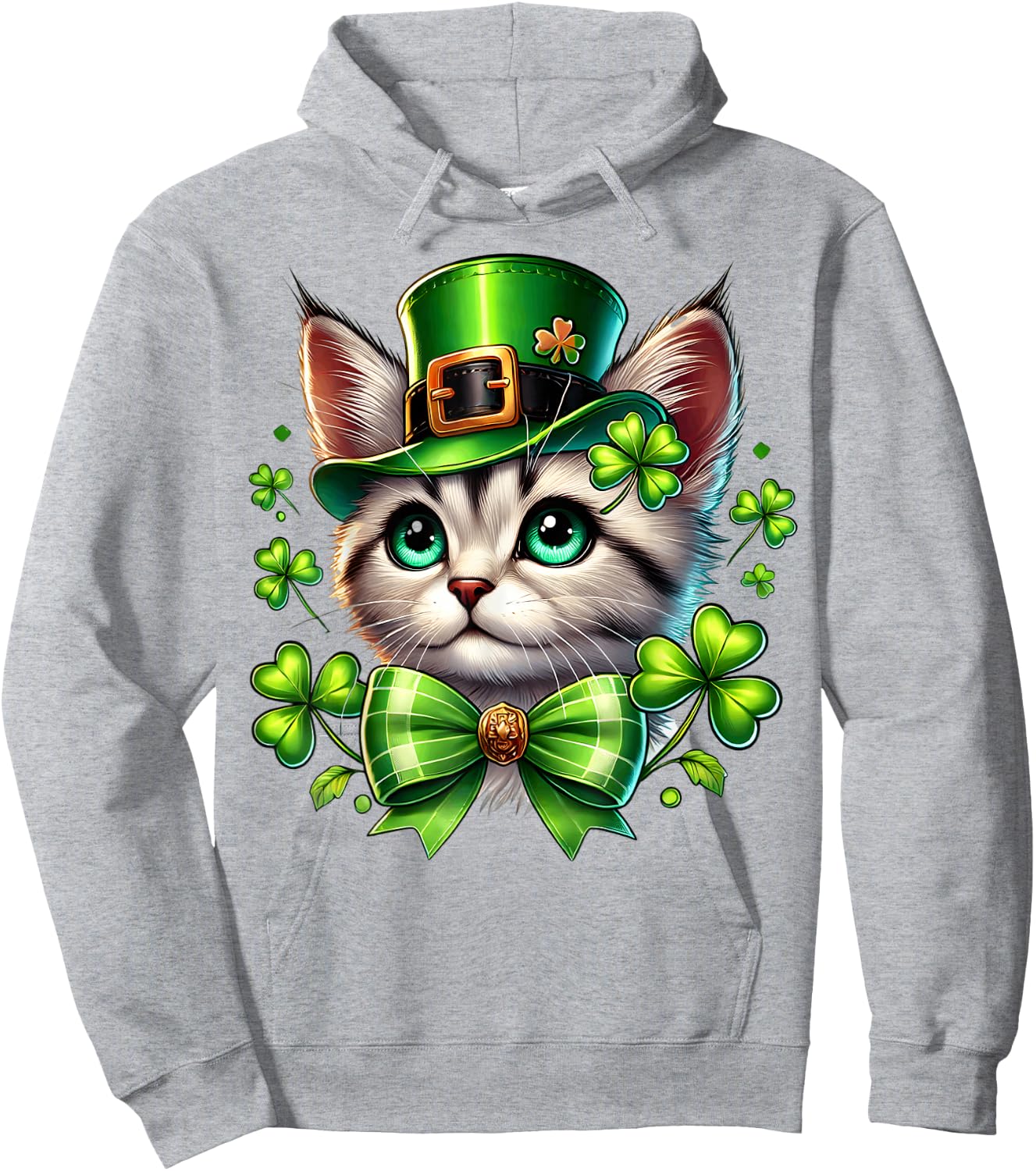 Leprechaun Cat St Patricks Day Coquette Bow Shamrock Graphic Hoodie - Hoodie | Ash