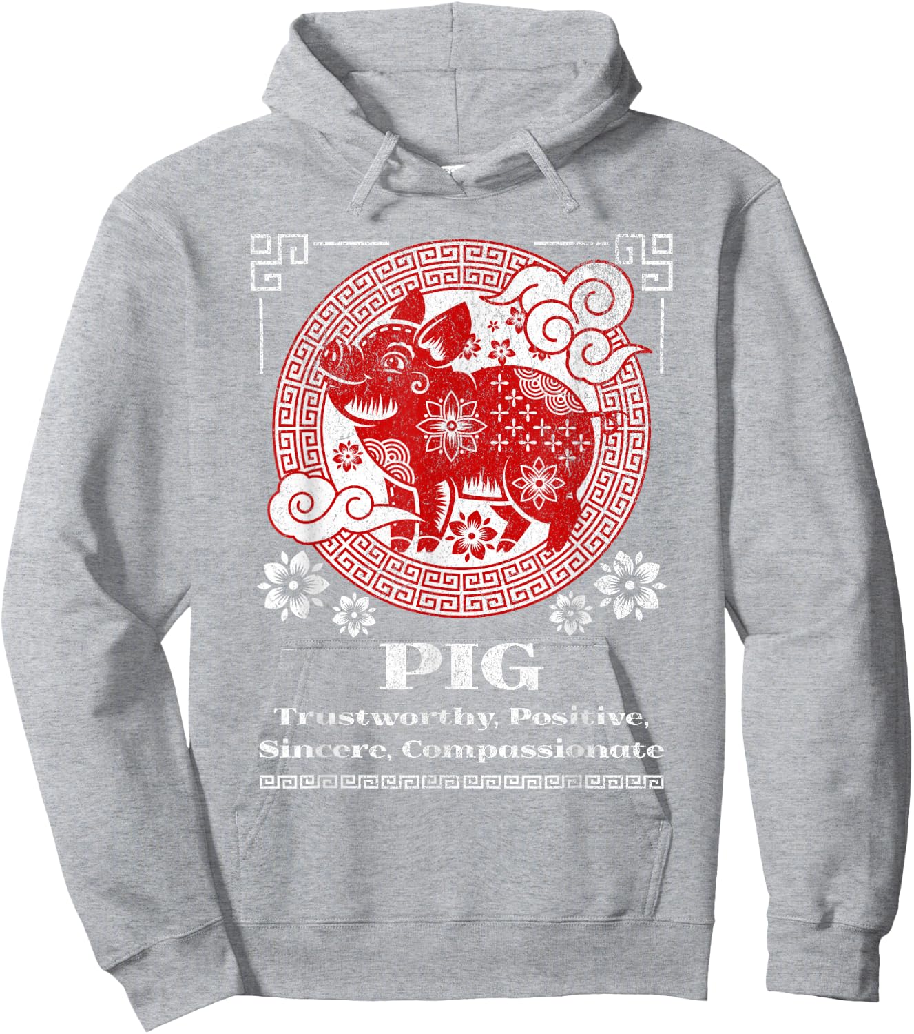 Chinese Zodiac Pig - Red, Small, Short Sleeve, Mandarin Collar, -Adult Hoodie - Hoodie | Ash