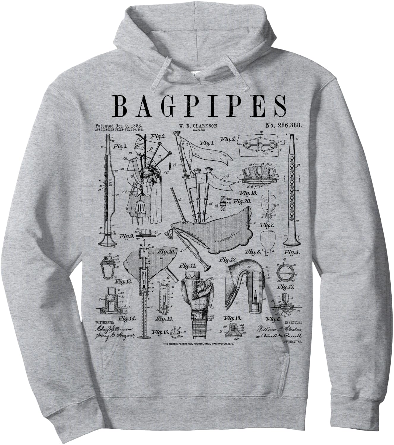 Bagpipe Bagpipe Player Vintage Patent Musician , grey, S Hoodie - Hoodie | Ash