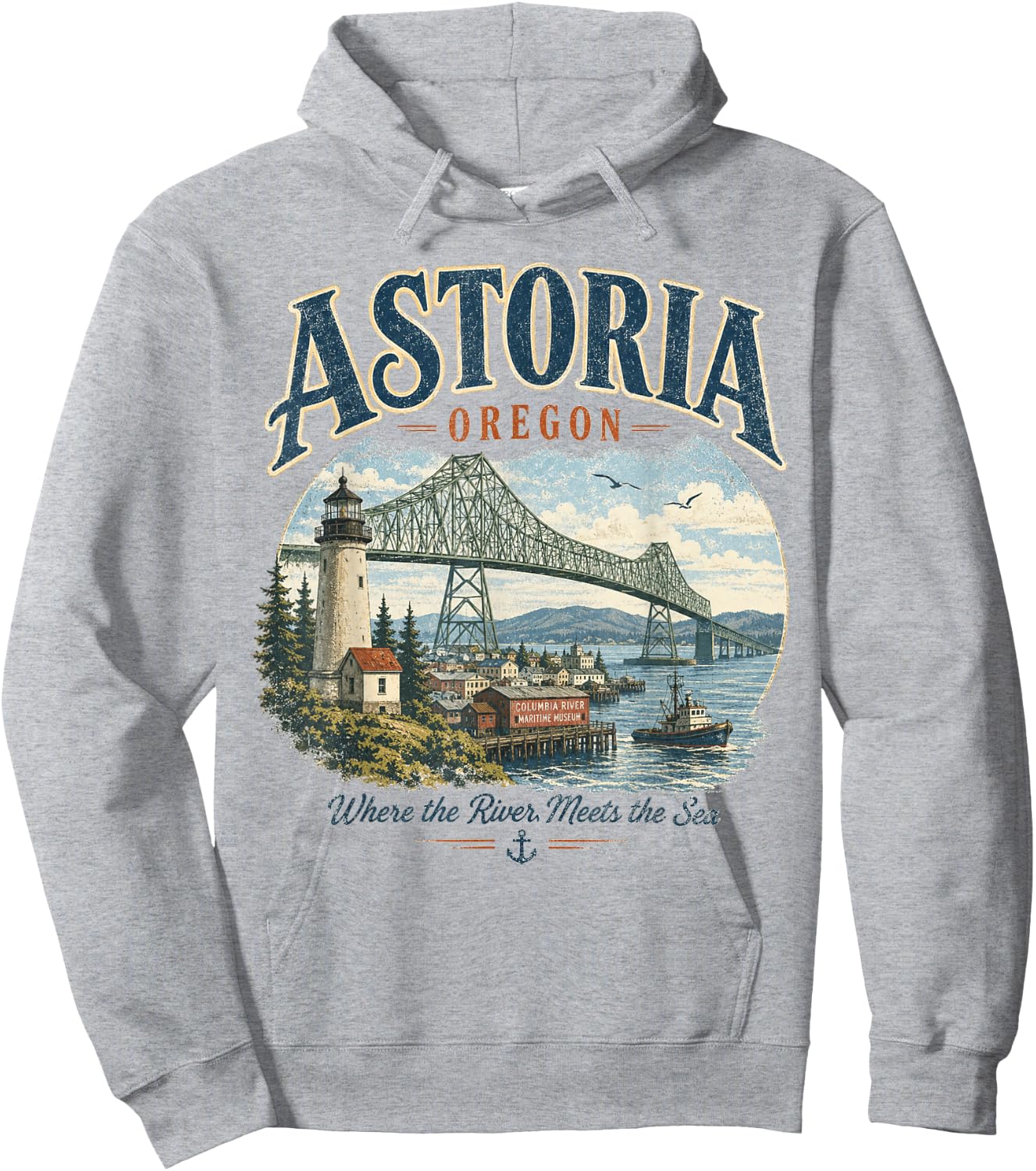 Astoria Oregon- Vintage Columbia River Lighthouse & Bridge Hoodie - Hoodie | Ash