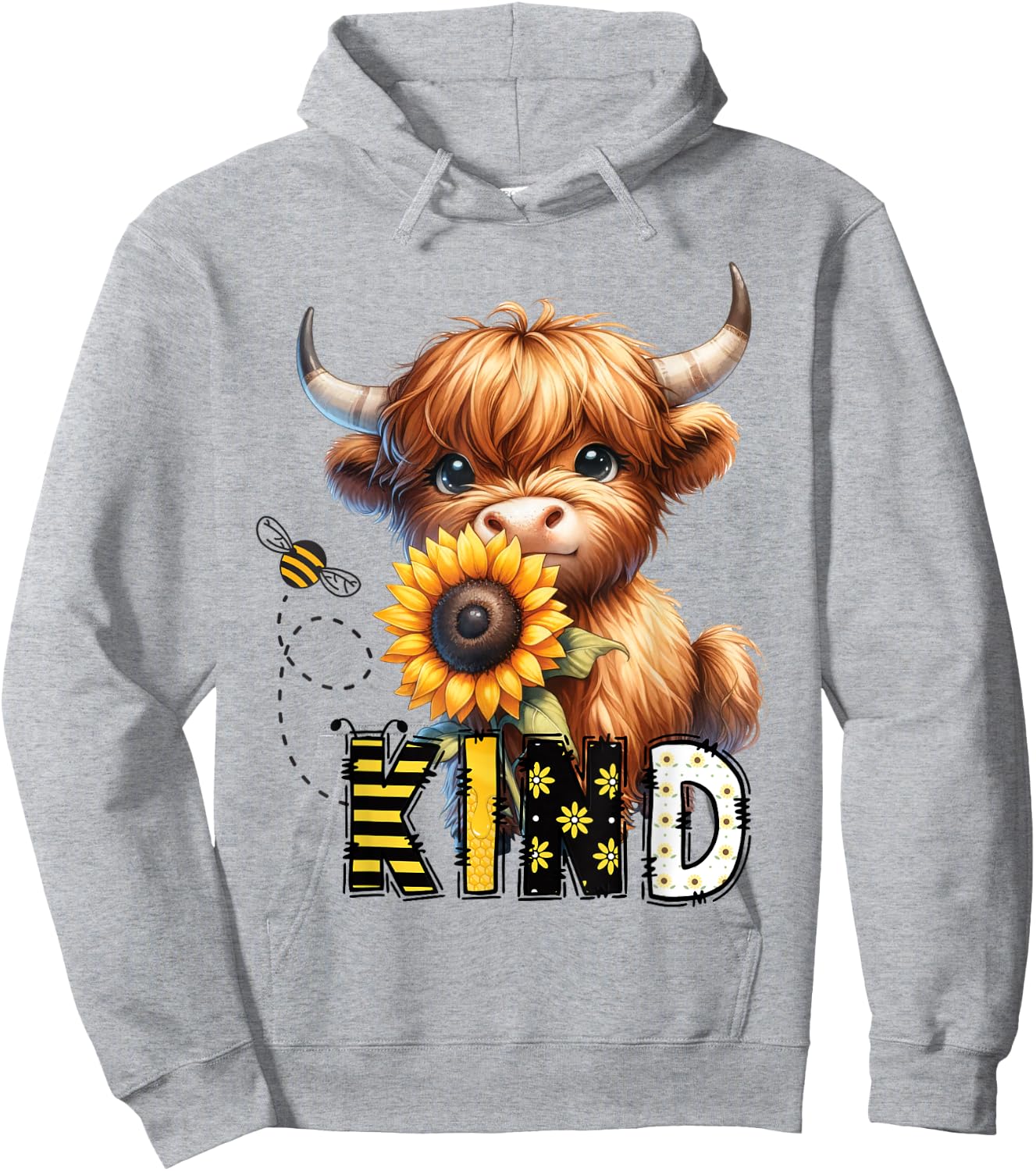 Be Kind Adorable Highland Cow Sunflower Affirmation Kindness , white, S Hoodie - Hoodie | Ash