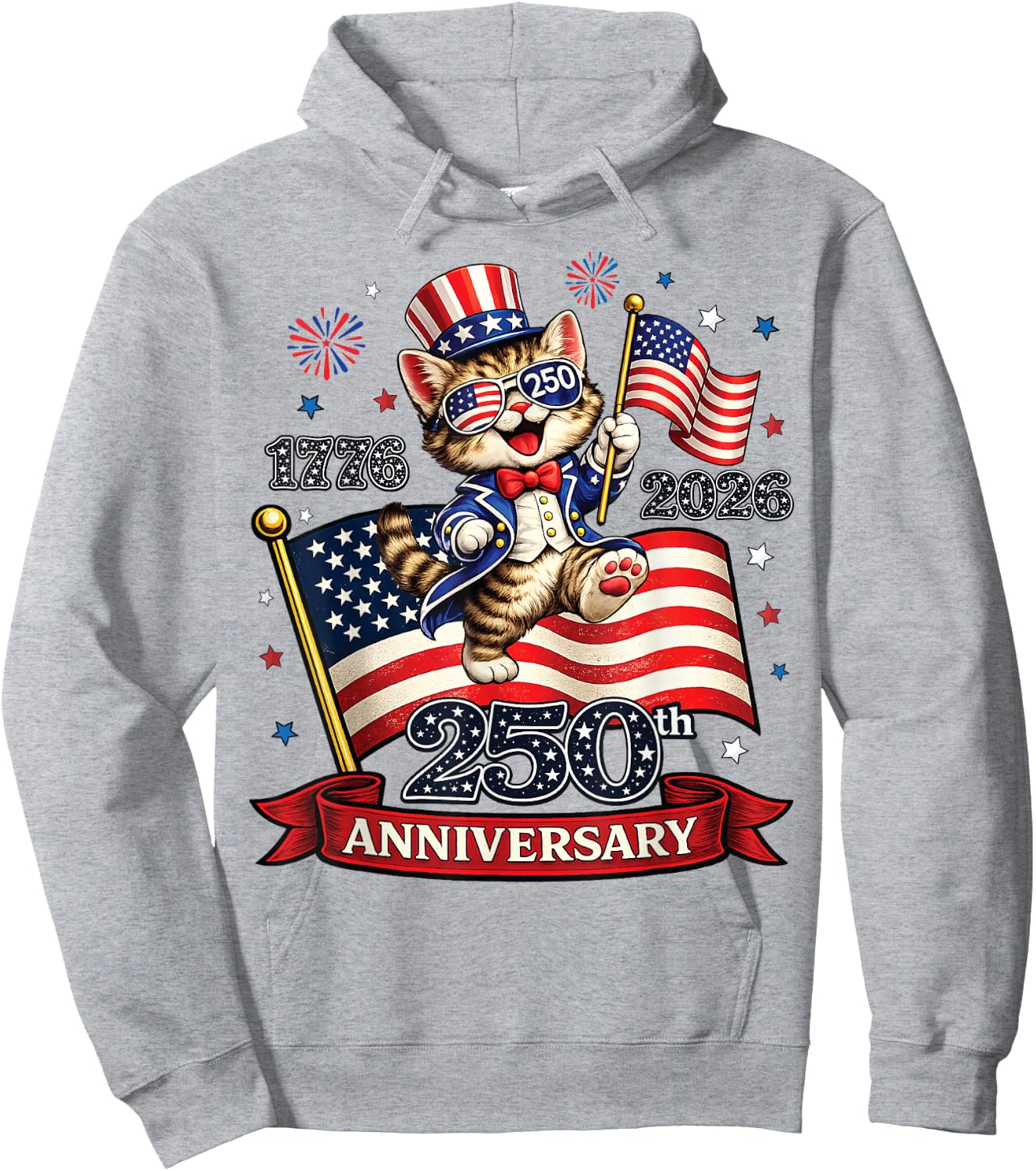 250 Anniversary USA Patriotic Cat 4th of July 2026 Hoodie - Hoodie | Ash