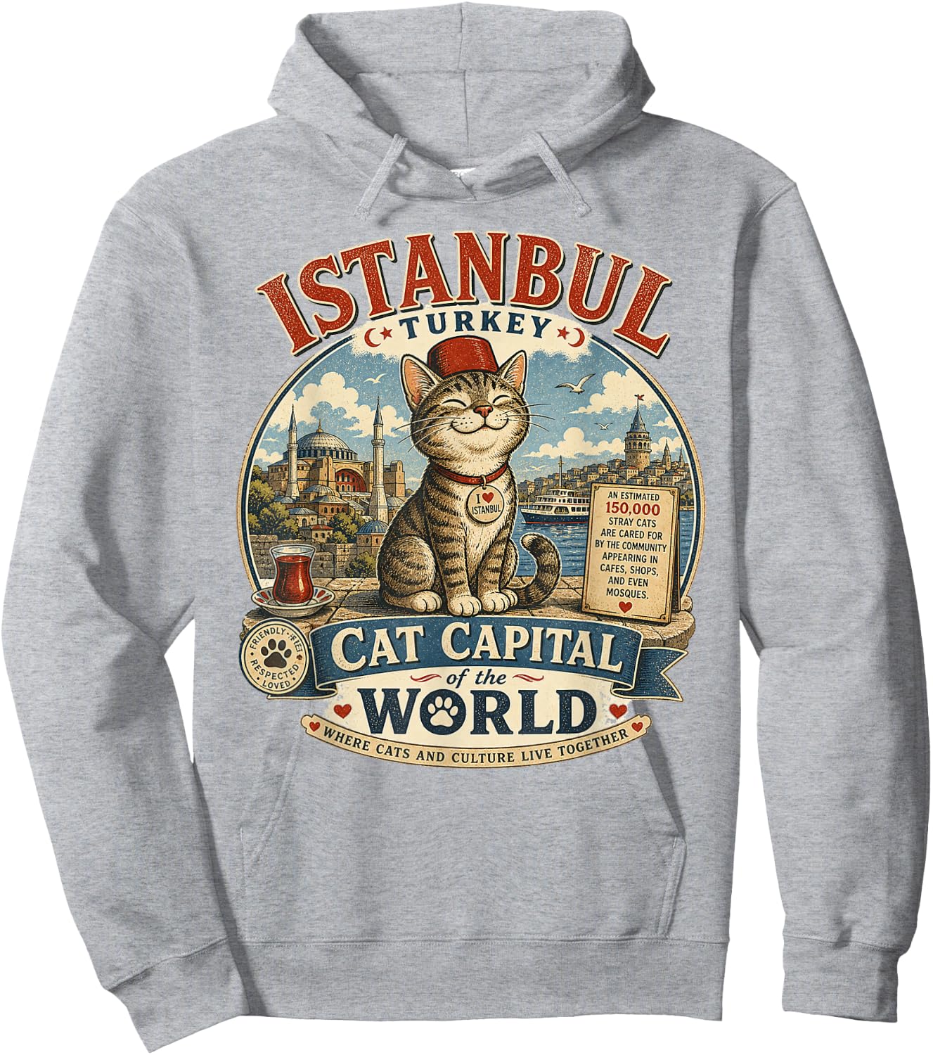 Istanbul, Turkey - Cat Capital - Vintage Logo Graphic Hoodie - Hoodie | Ash