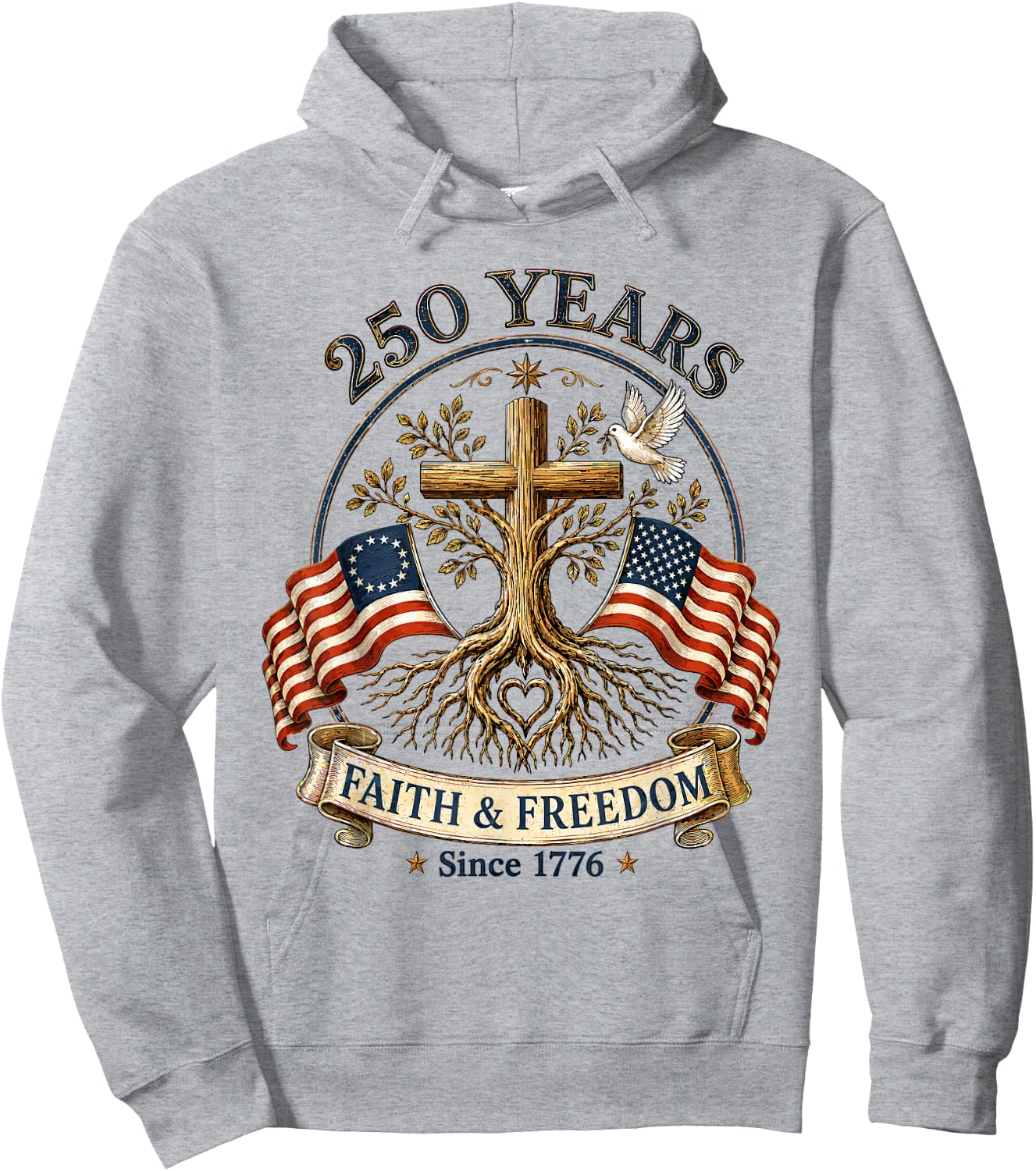 Two Flags Cross Tree 250 Years Faith and Freedom 1776-2026 Hoodie - Hoodie | Ash