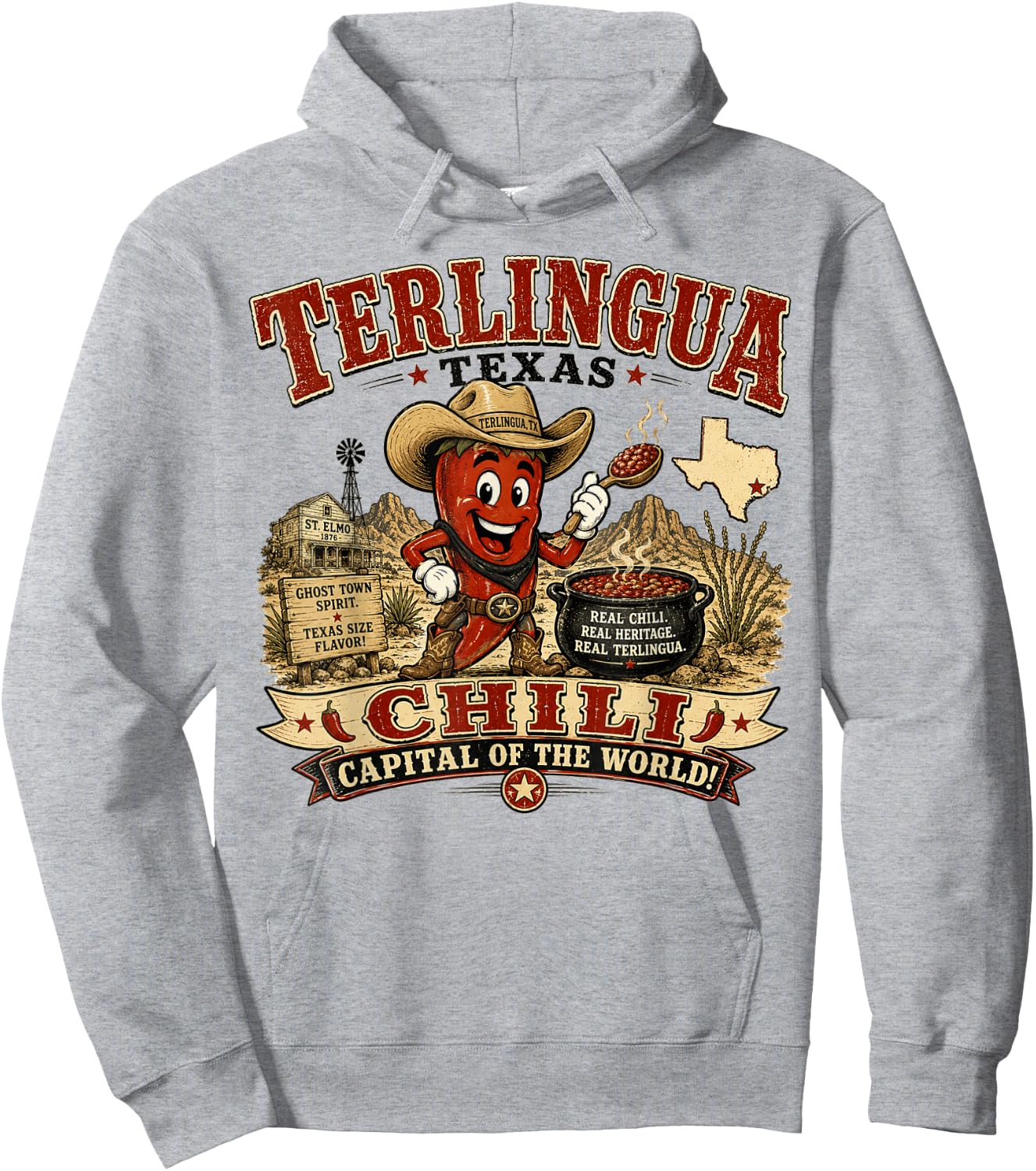 Terlingua Texas Chili Capital - Vintage Chili Pepper Mascot Hoodie - Hoodie | Ash