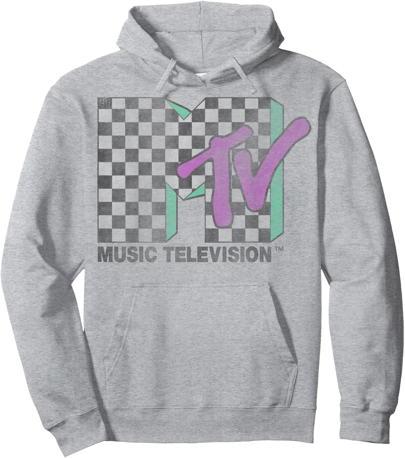 MTV Checkered Distressed Retro Logo Short Sleeve Hoodie - Hoodie | Ash
