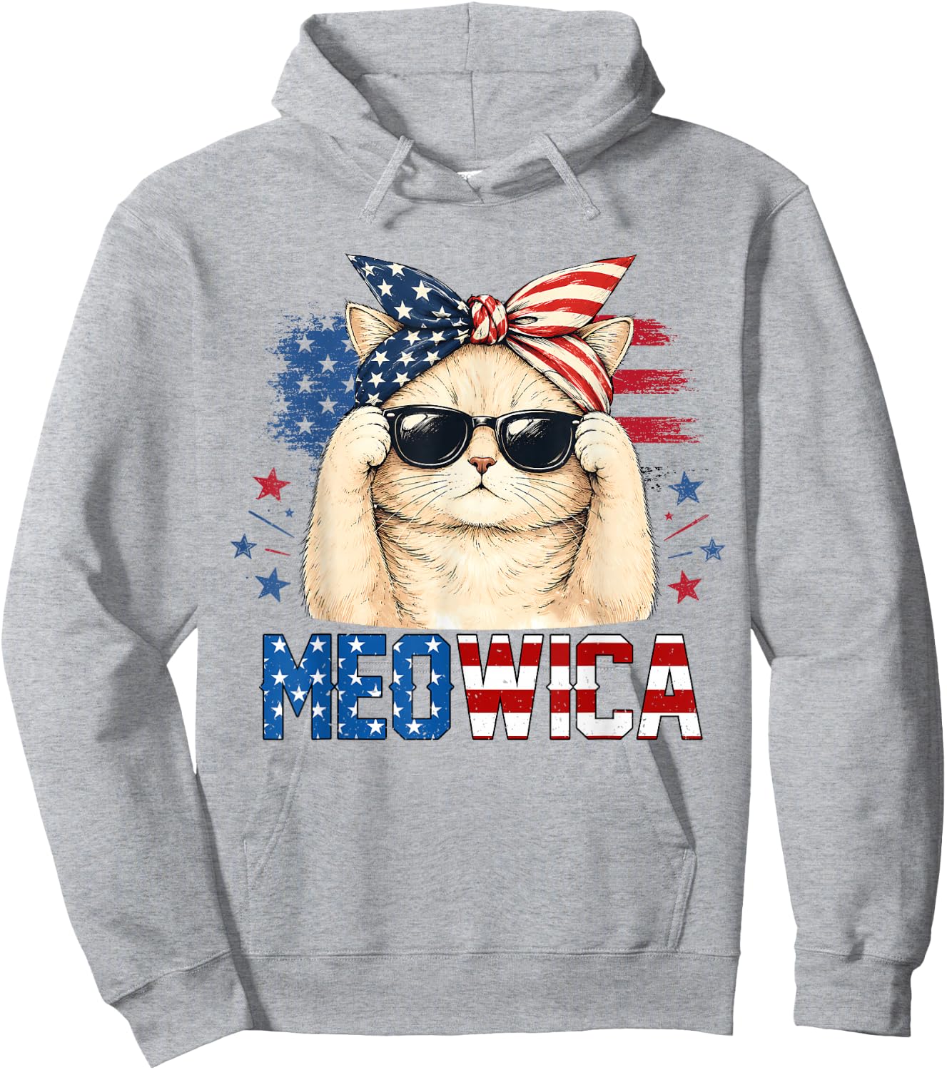 Meowica 4th of July Patriotic Cat American Flag Women Girls Hoodie - Hoodie | Ash
