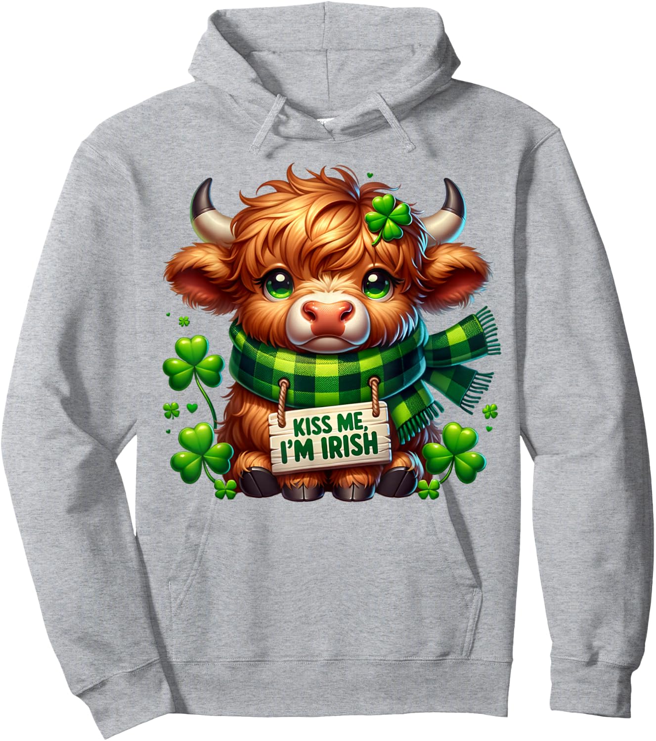 Kiss Me I'm Irish Cute Little Highland Cow Four Leaf Clovers Hoodie - Hoodie | Ash