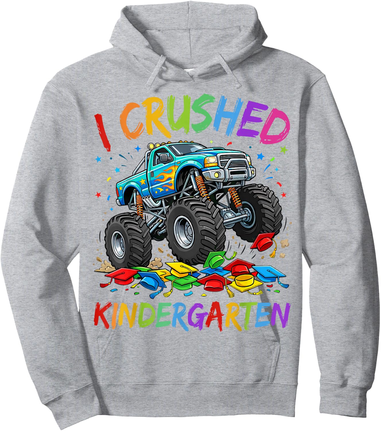 I Crushed Kindergarten Graduation Toddler Kids Monster Truck Hoodie - Hoodie | Ash