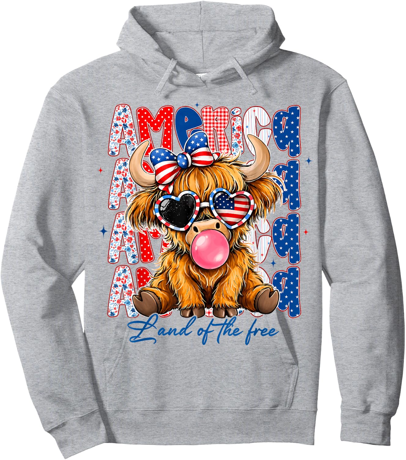 America 1776-2026 Land of The Free Highland Cow 4th of July Hoodie - Hoodie | Ash