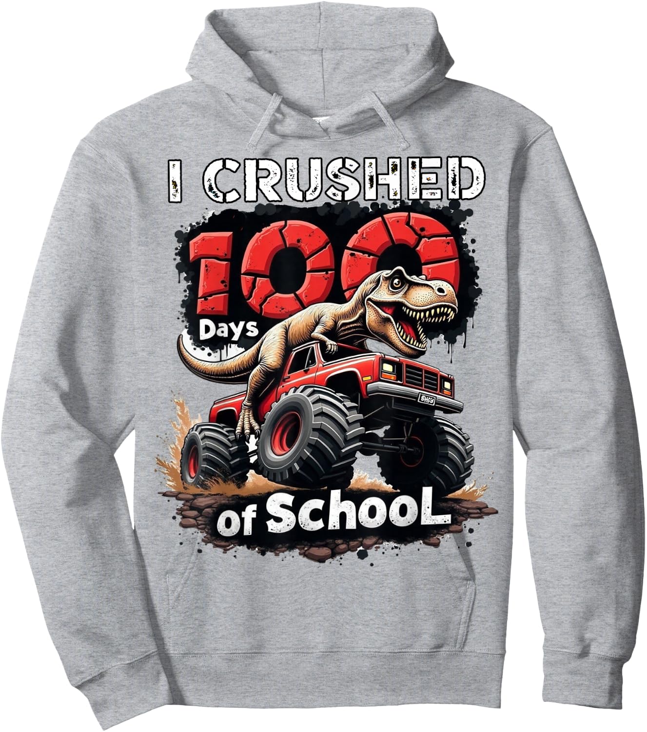 I Crushed 100 Days of School Dinosaur Monster Truck Boy Hoodie - Hoodie | Ash