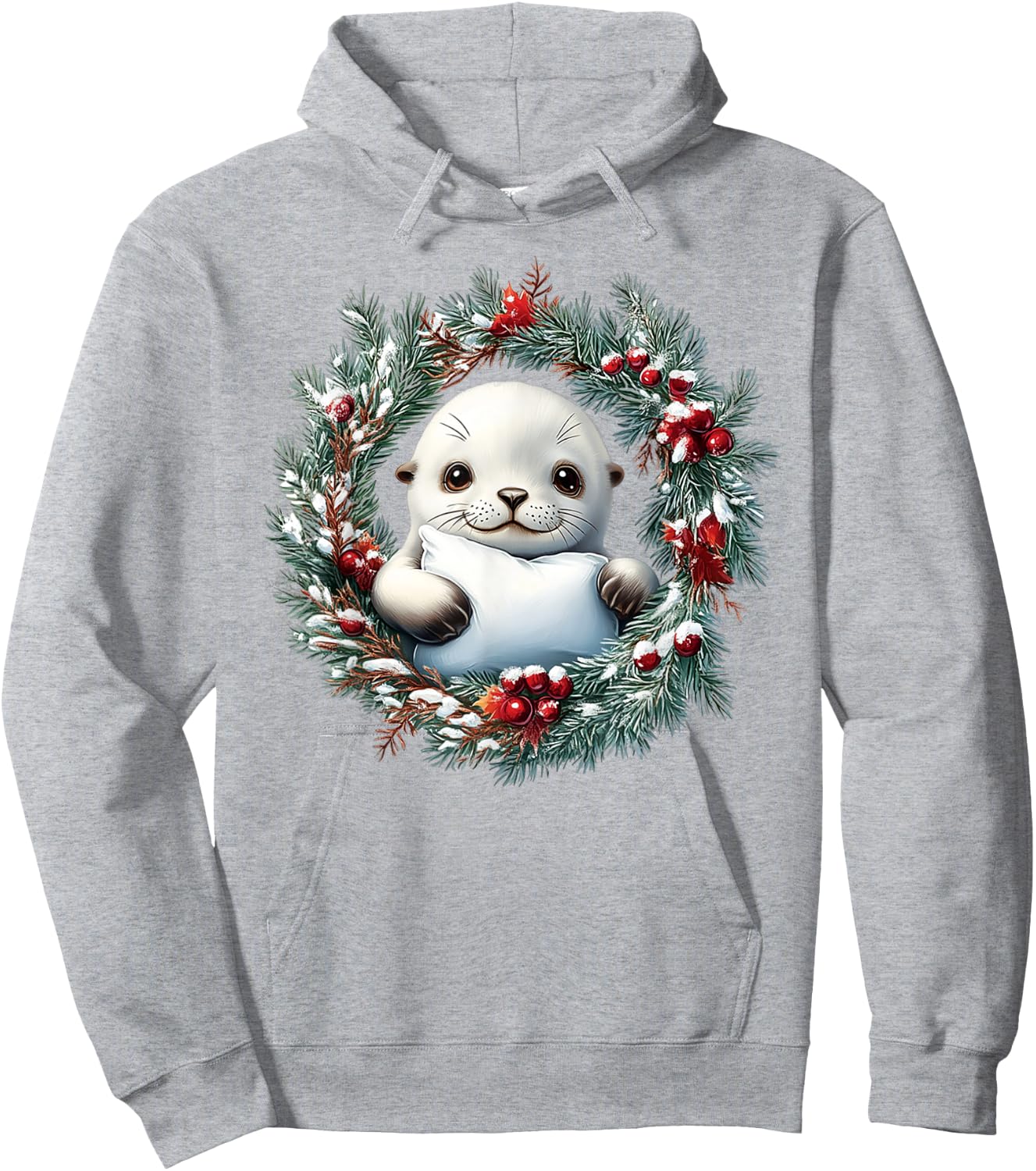 A Happy Baby Harp Seal In A Christmas Wreath With A Red Bow Hoodie - Hoodie | Ash