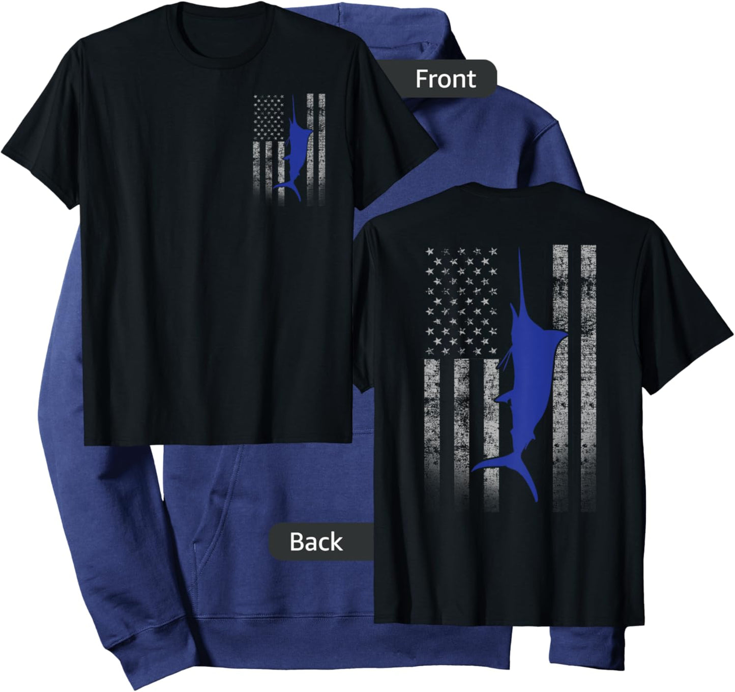 Two-Sided Marlin Flag Shirt - Blue Marlin on US Flag Hoodie - Hoodie | Navy
