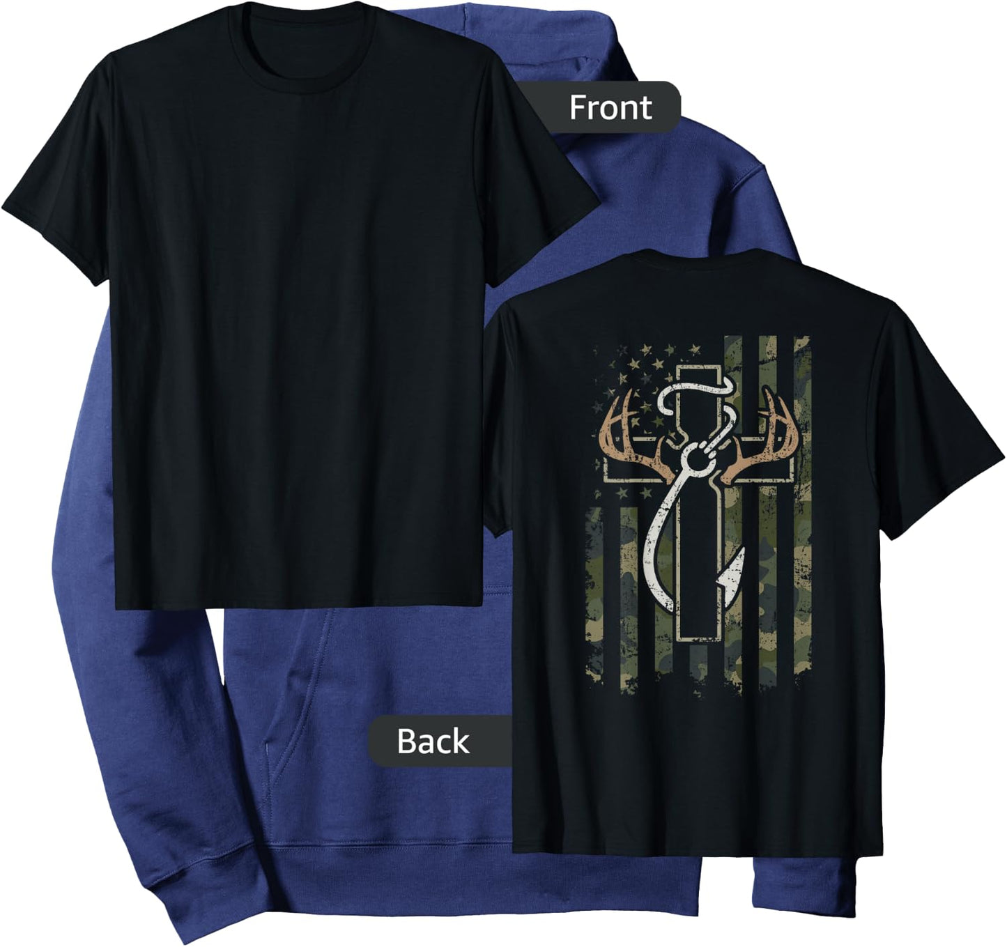 Hunting Fishing Faith - Hunter Fisherman Camo USA - ON Back Hoodie - Hoodie | Navy