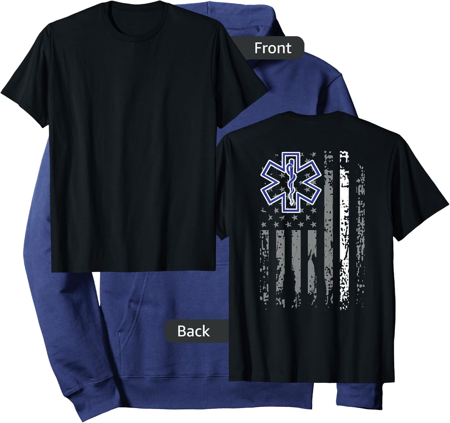 Thin White Line EMS EMT Paramedic American Flag Back Print Hoodie - Hoodie | Navy