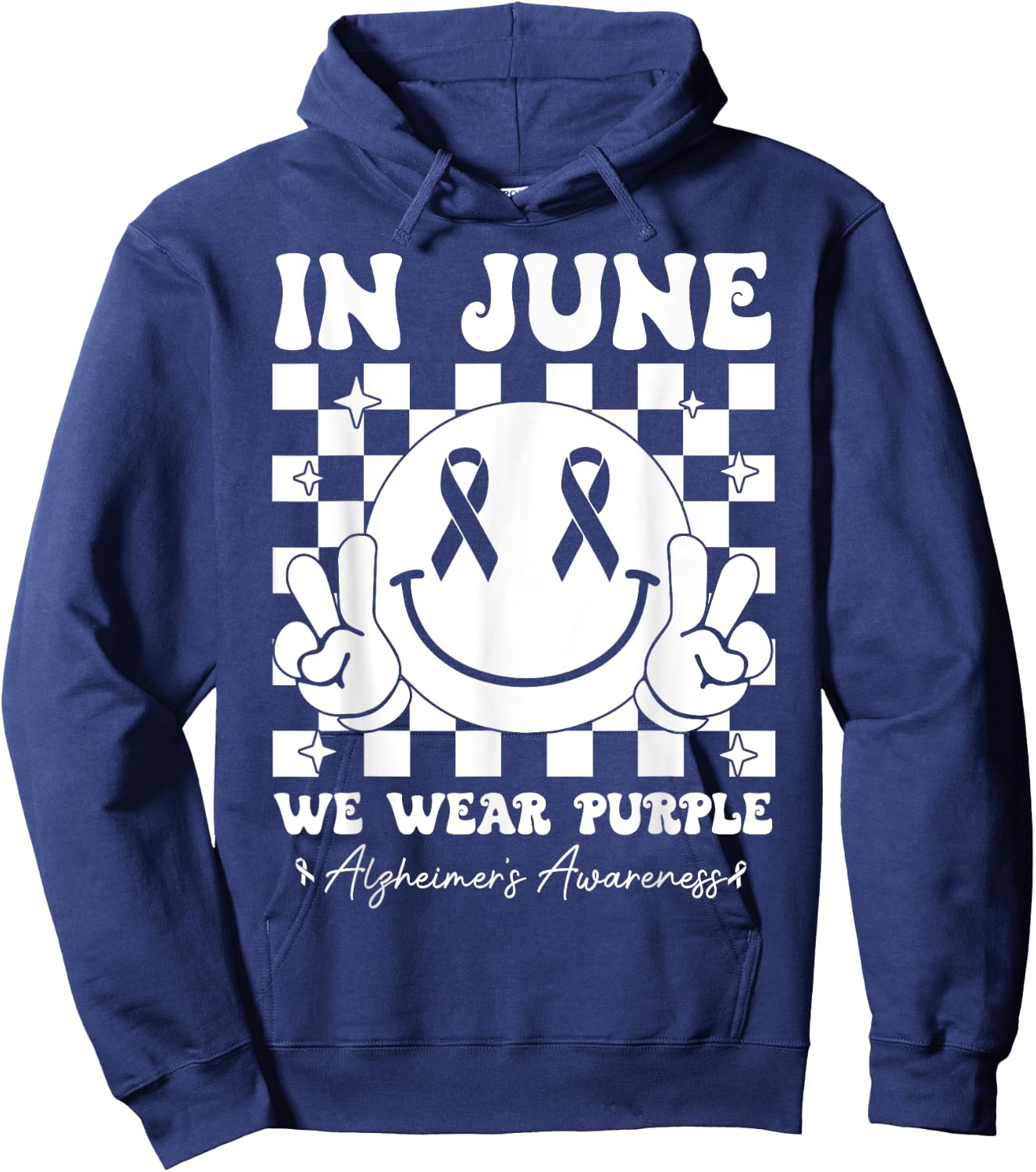 In June We Wear Purple Alzheimer's Awareness Groovy Smile Hoodie - Hoodie | Navy