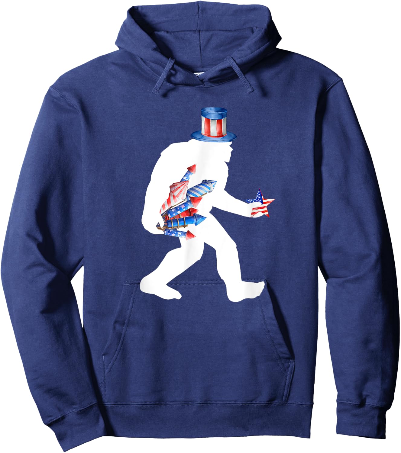 Bigfoot Fireworks 4th of July Sasquatch American Flag Hoodie - Hoodie | Navy