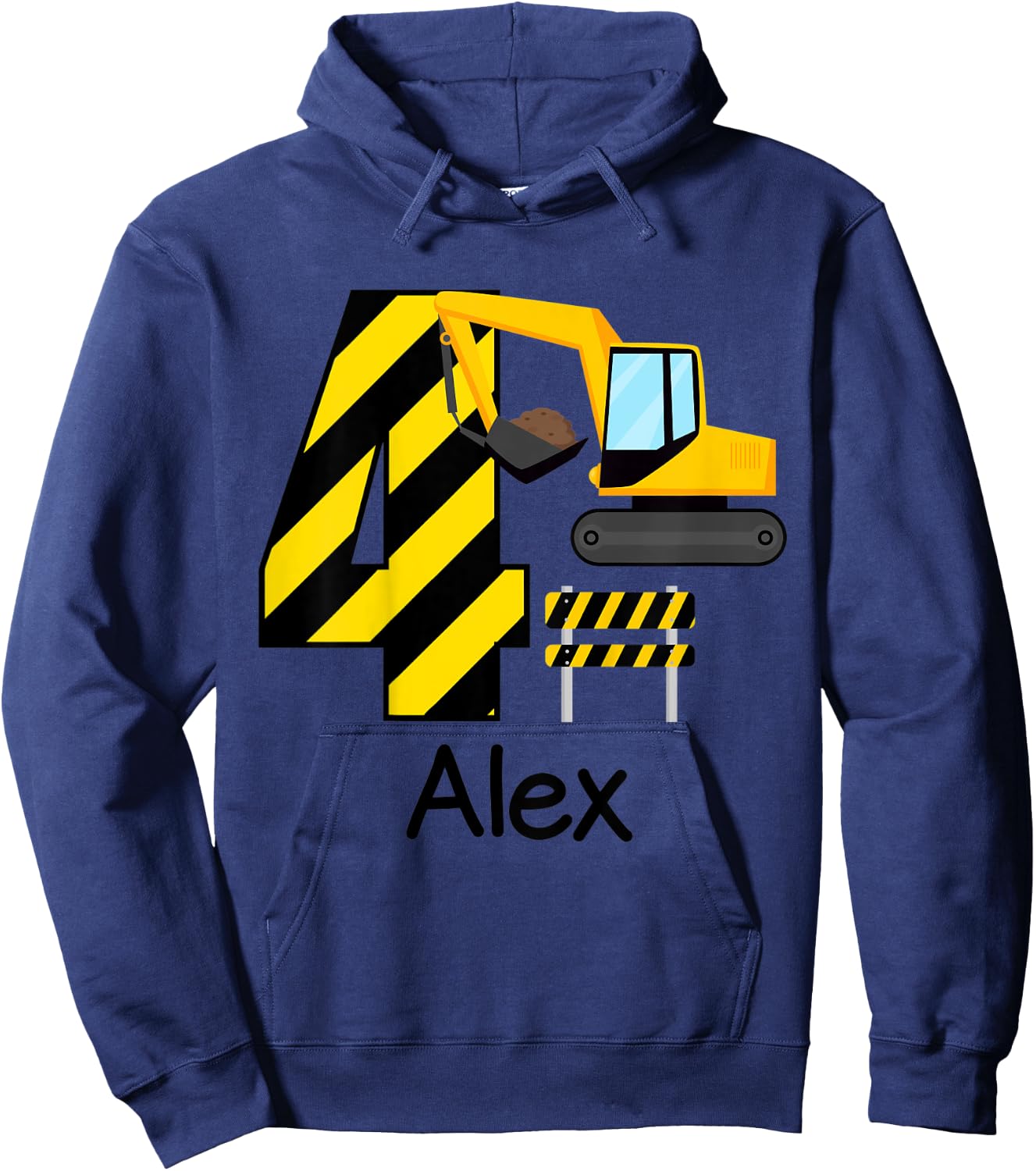 Kids Boys Construction 4th Birthday Alex 4 Years Old Party Hoodie - Hoodie | Navy
