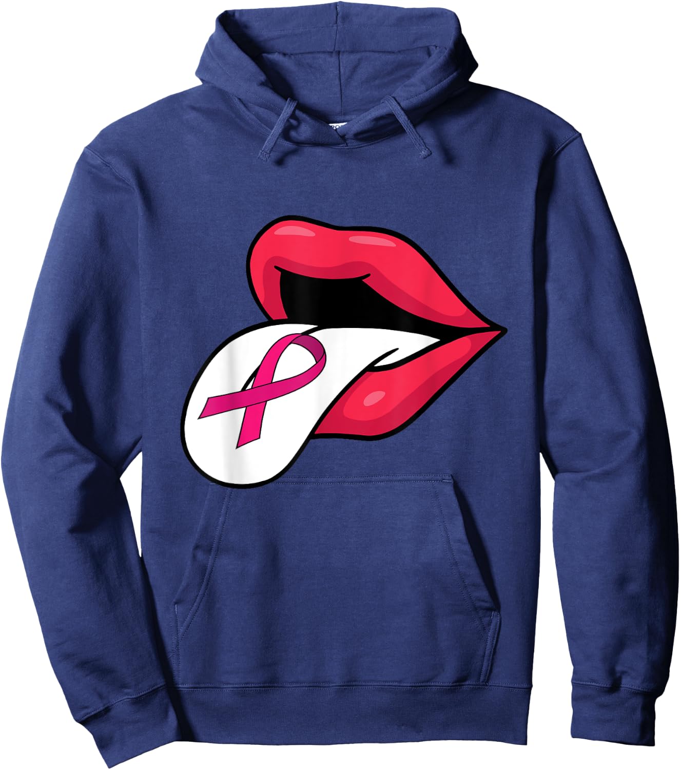 Pink Ribbon Tongue Out Breast Cancer Awareness Funny Lips Hoodie - Hoodie | Navy