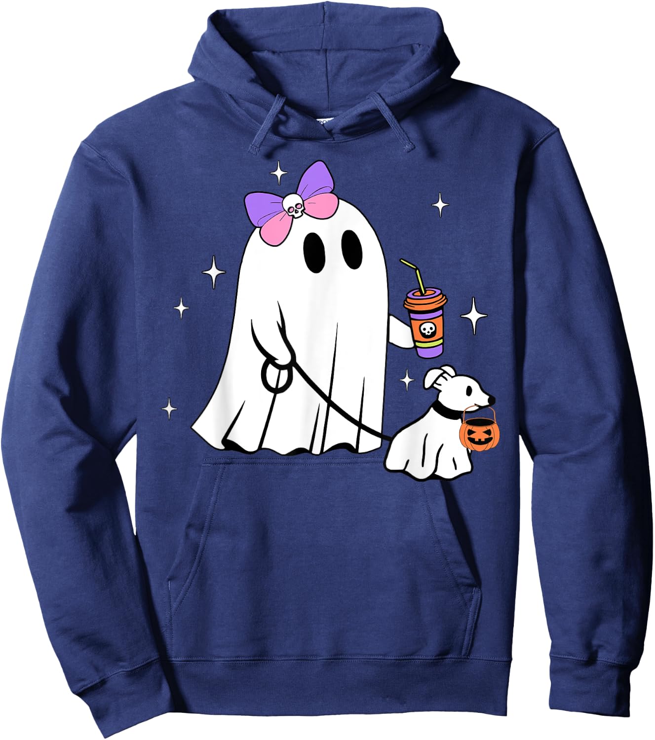 Halloween Cute Ghost Walking Dog Spooky Coquette Ghost Women Hoodie - Hoodie | Navy