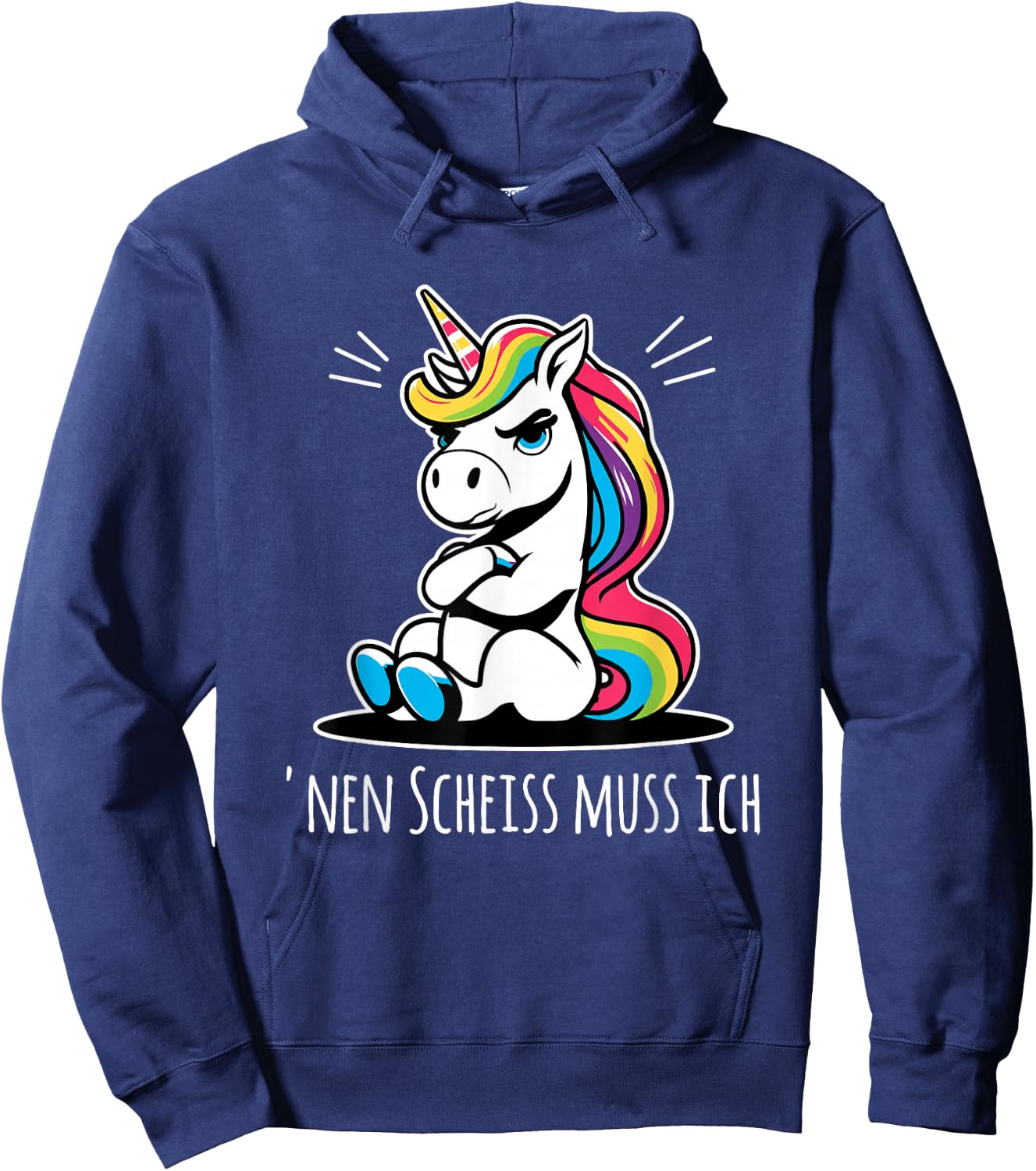 Funny Unicorn with Cheeky Saying 'nen Scheiss muss ich , black Hoodie - Hoodie | Navy