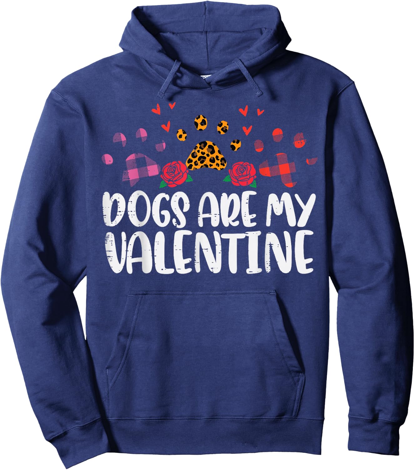 Dogs Are My Valentine Leopard Plaid Paw Valentines Day Women Hoodie - Hoodie | Navy