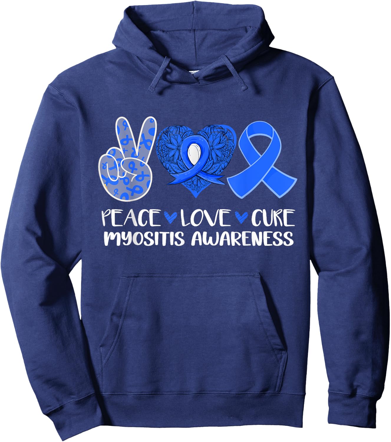 Peace Love Cure Myositis Awareness Blue Ribbon Hope Hoodie - Hoodie | Navy
