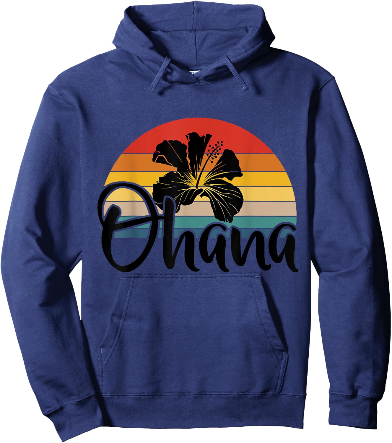 70s Retro Ohana Hawaii Hibiscus Flower Family Holiday Hoodie - Hoodie | Navy